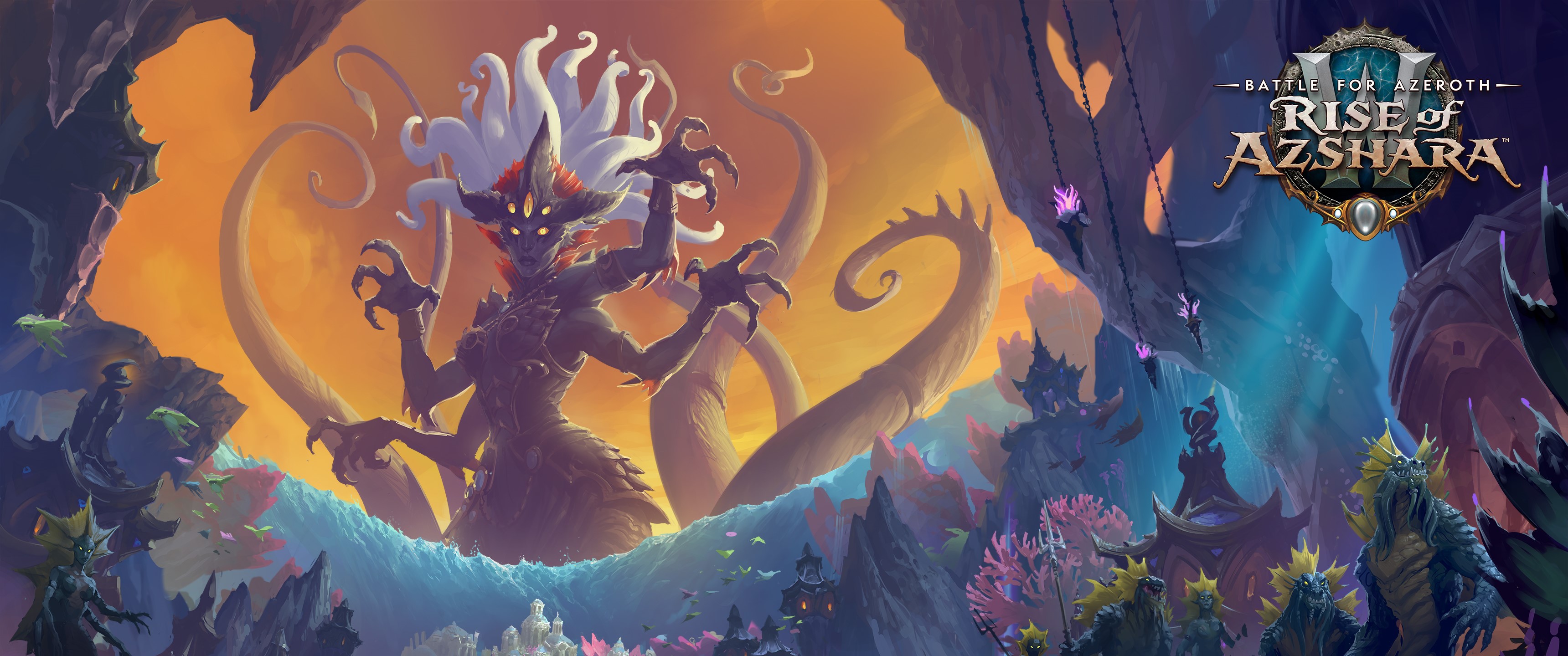World of Warcraft: Rise of Azshara artwork with creature and logo HD Wallpaper