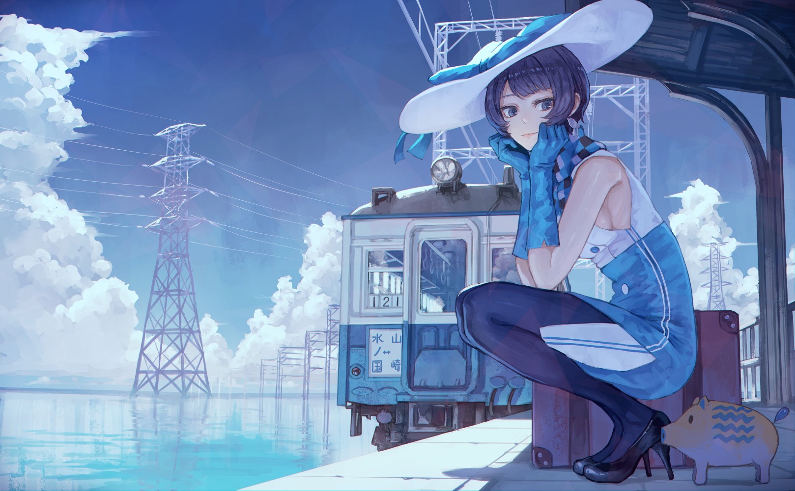 Anime girl at train station with boar HD Wallpaper