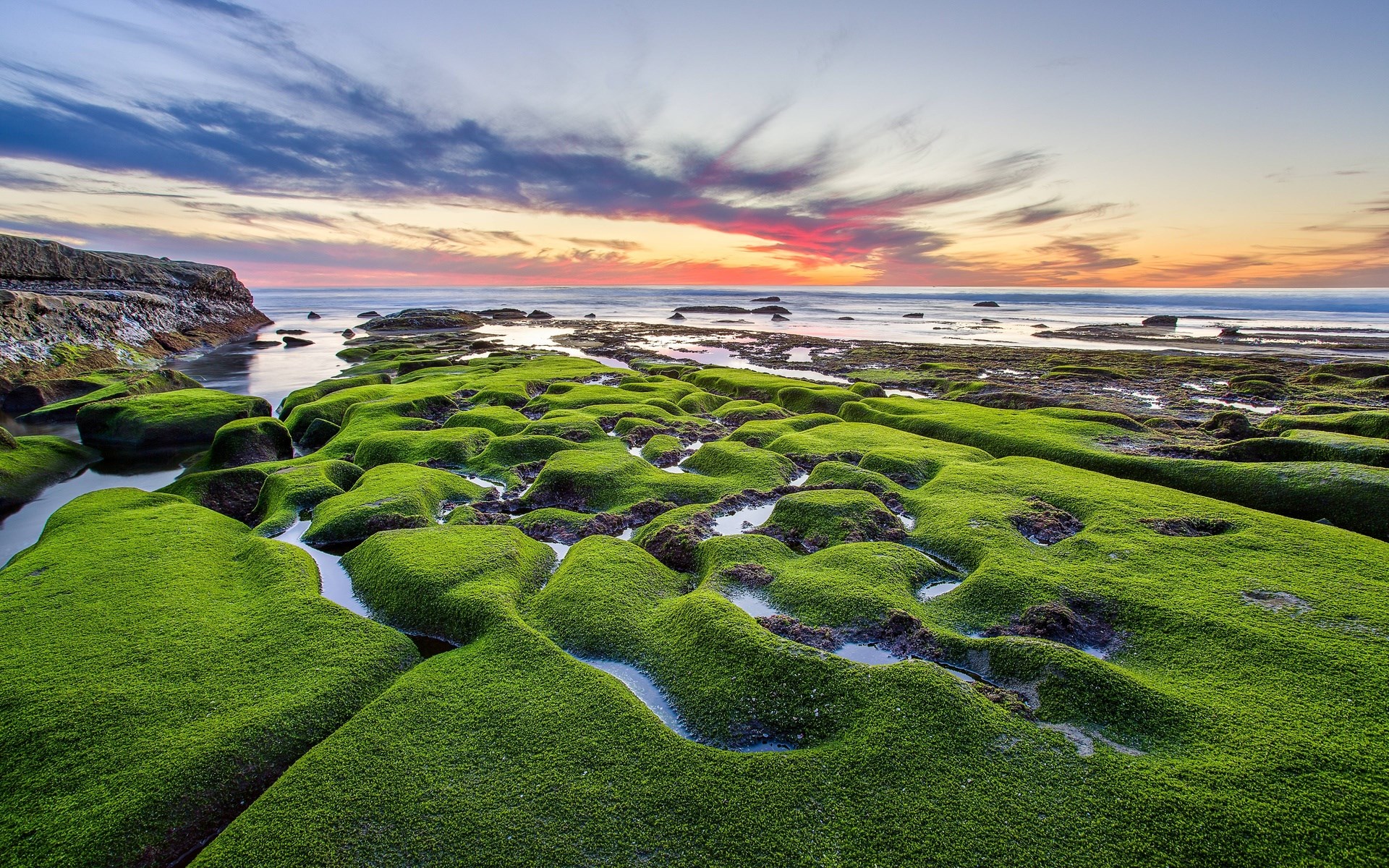 Mossy rocks and ocean at sunset HD Wallpaper