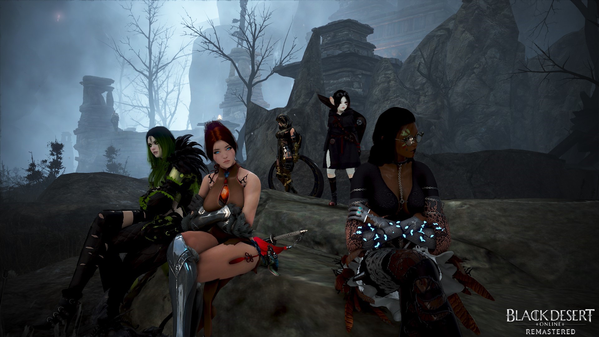 Black Desert Online characters in a rocky, misty environment HD Wallpaper