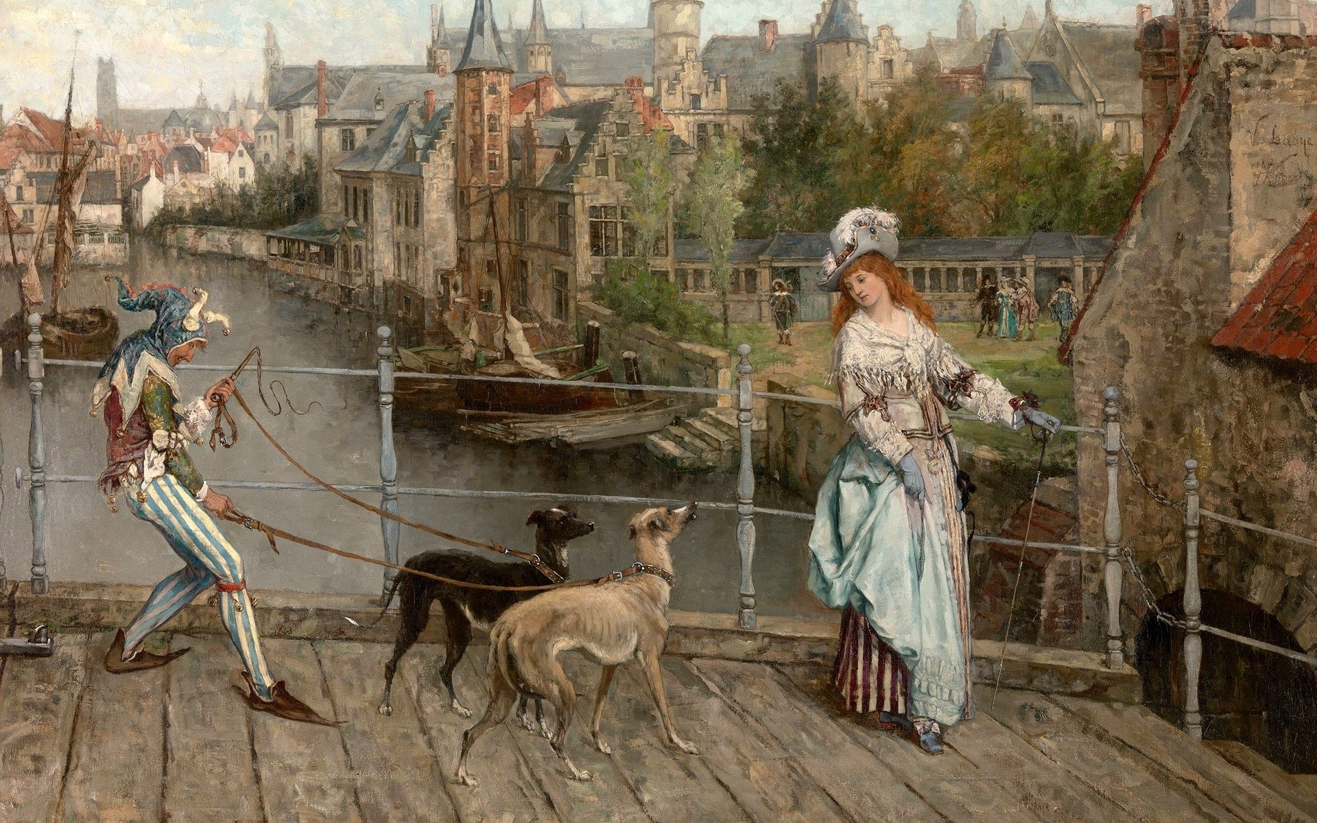 Jester with Dogs and Woman in Bruges by Victor Lagier HD Wallpaper