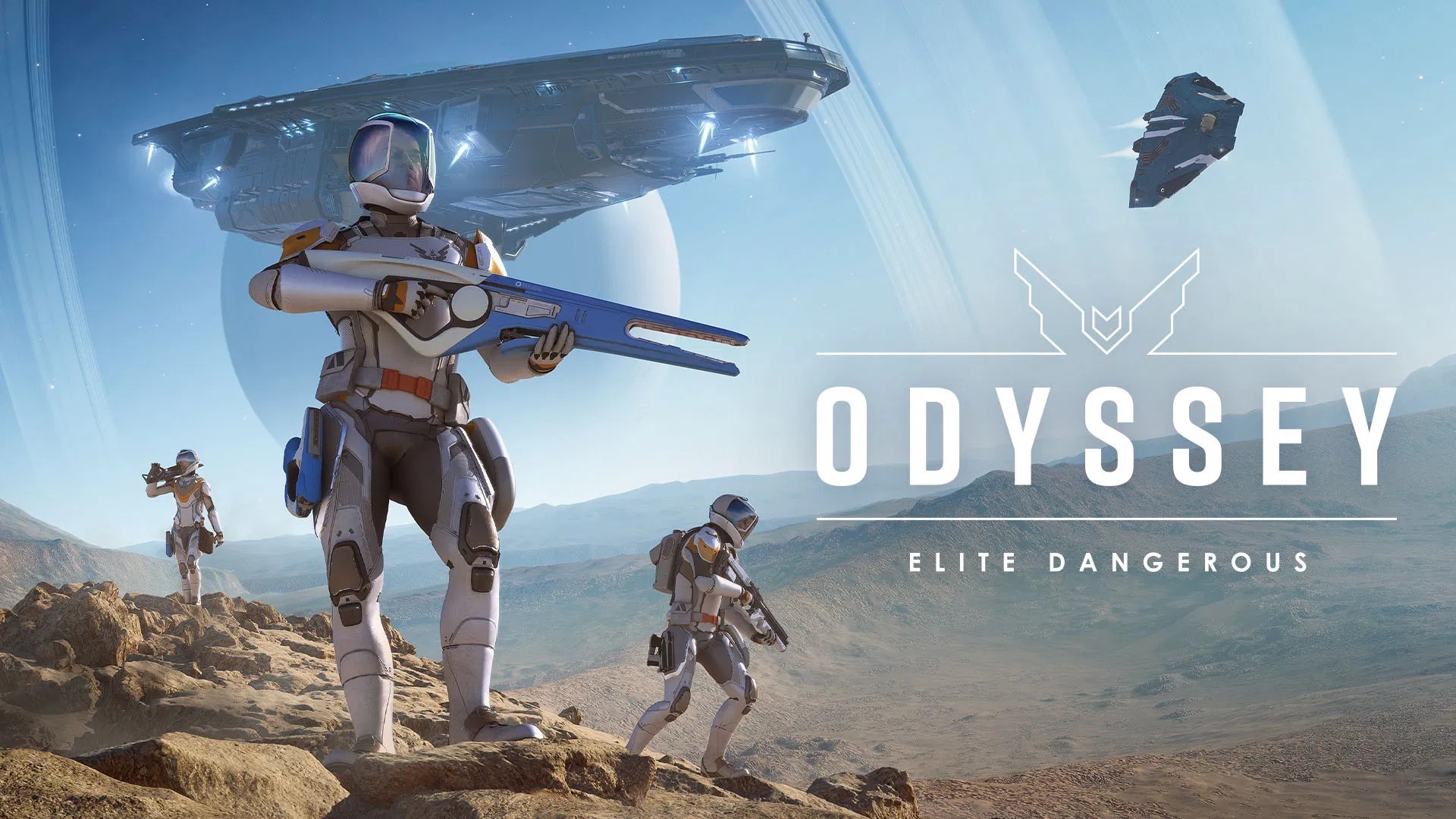 Elite Dangerous Odyssey soldiers on alien planet with Anaconda spaceship HD Wallpaper