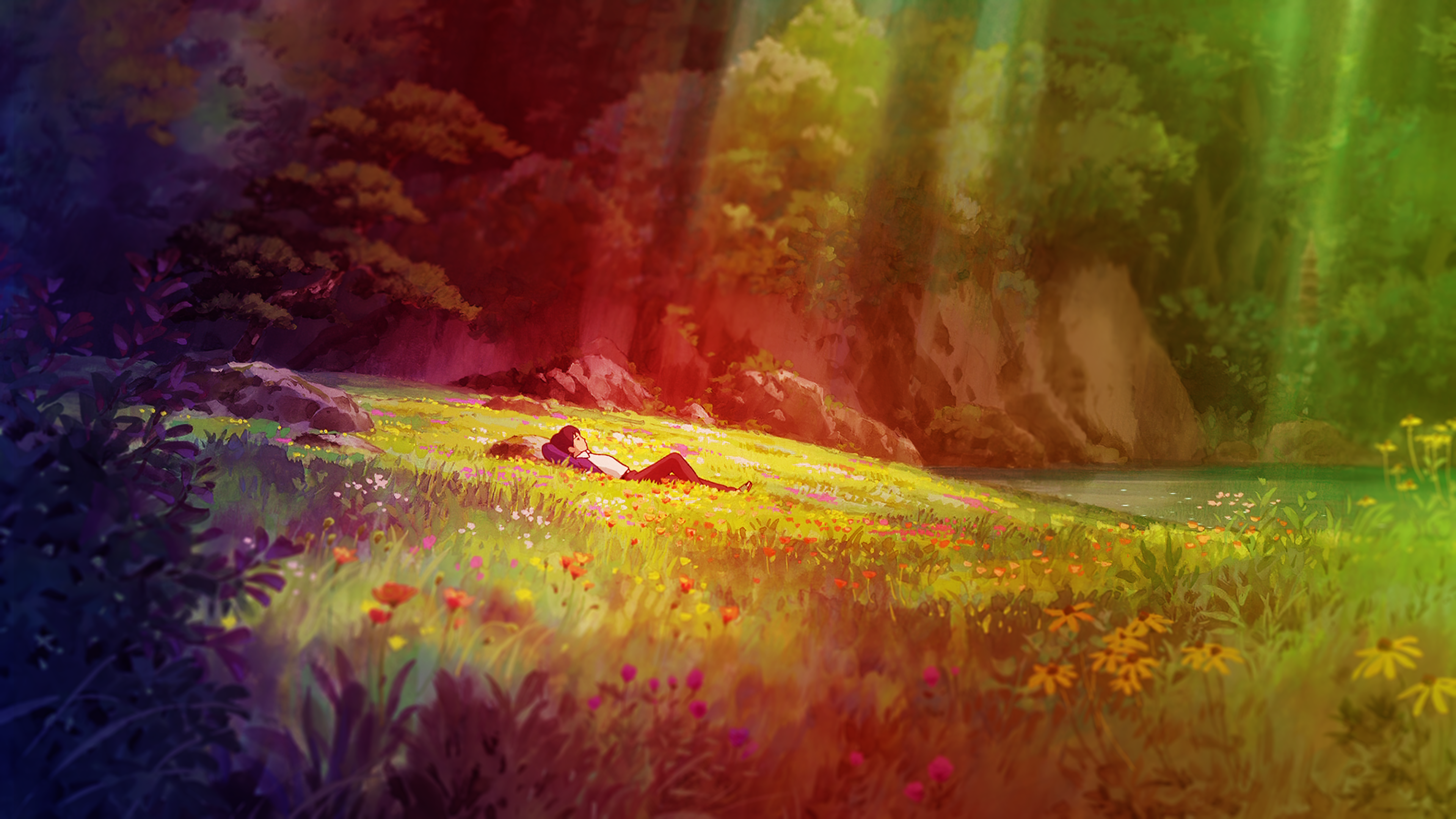 4K anime scene with person lying in a colorful meadow HD Wallpaper
