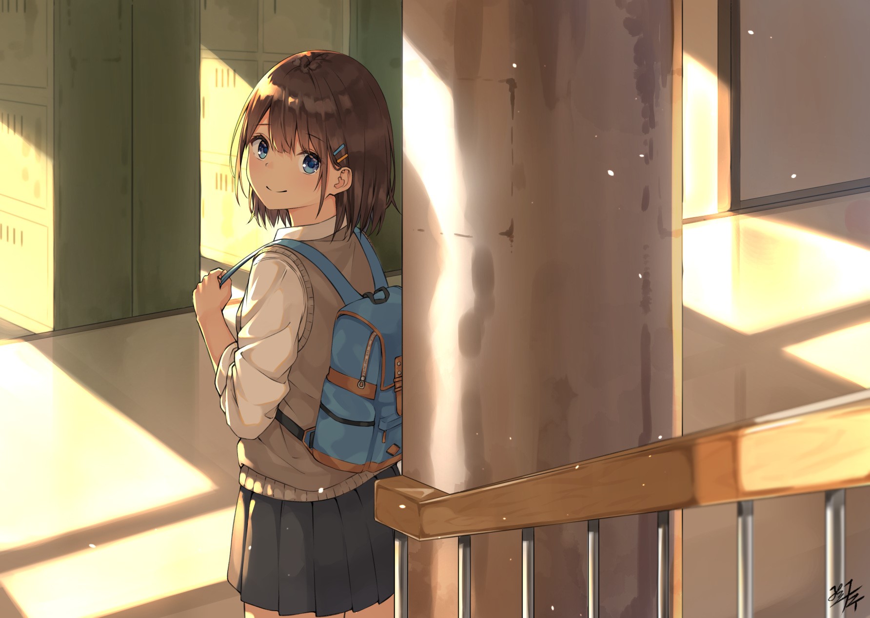 Anime girl with backpack in school hallway HD Wallpaper