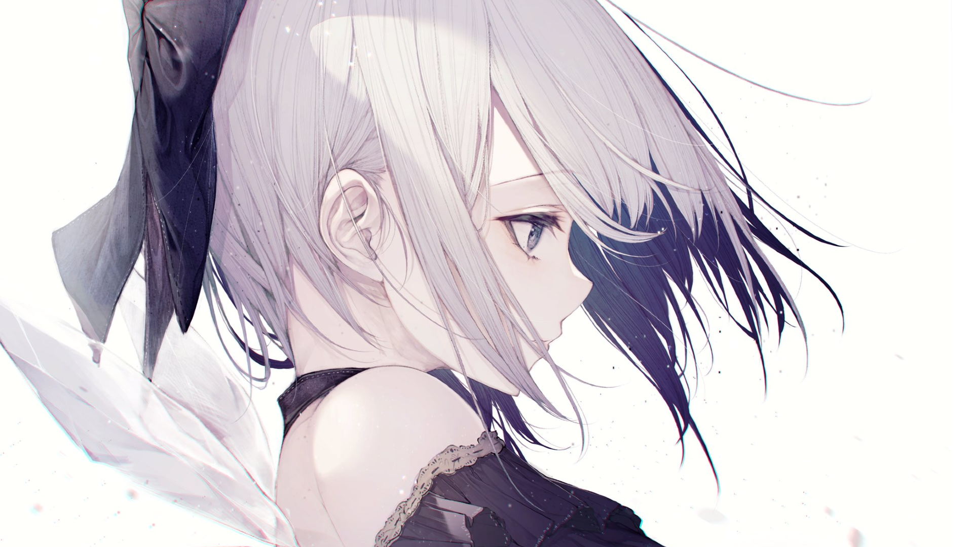 Anime girl with white hair and black ribbon HD Wallpaper