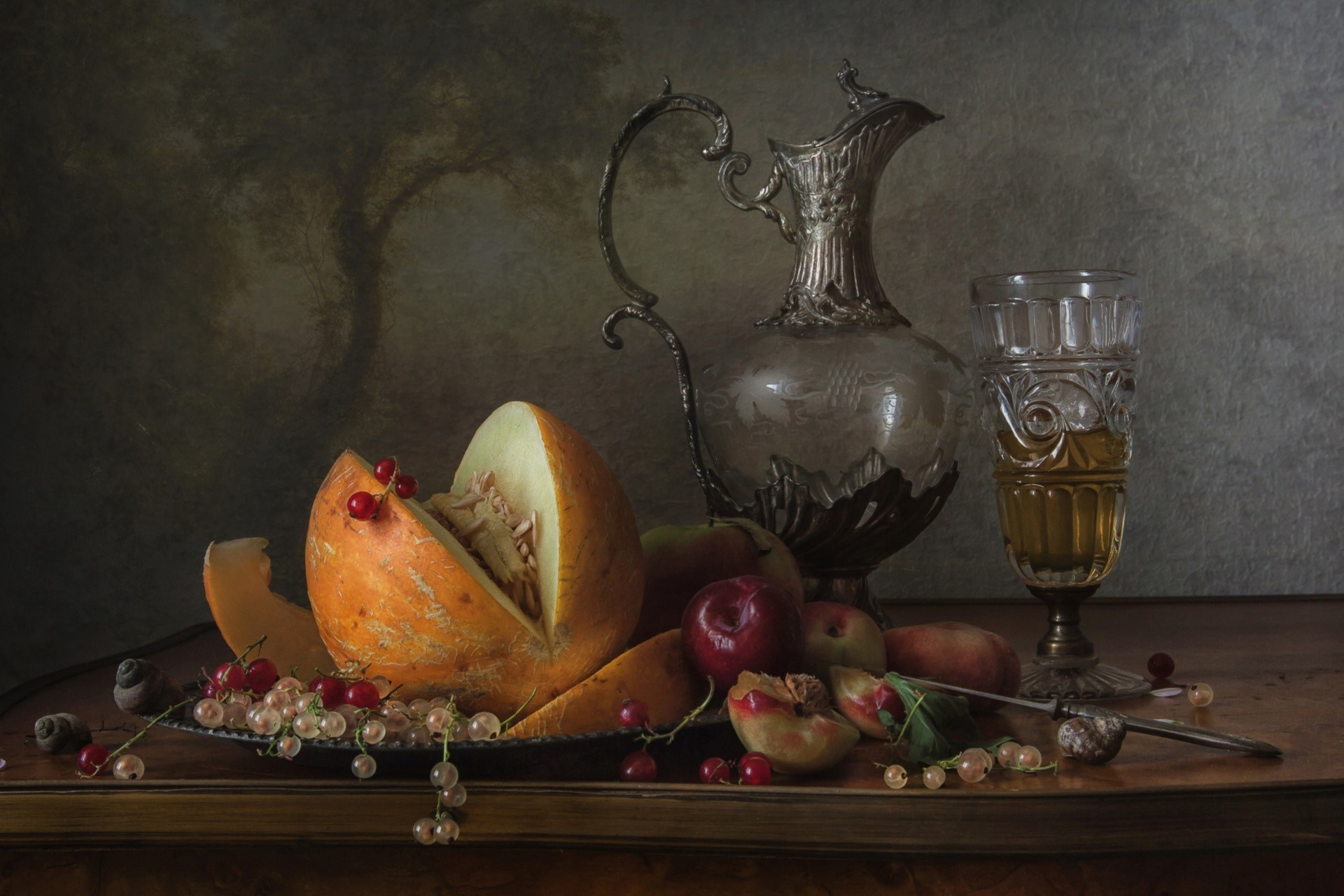 Still life with fruit, pitcher, and glass HD Wallpaper