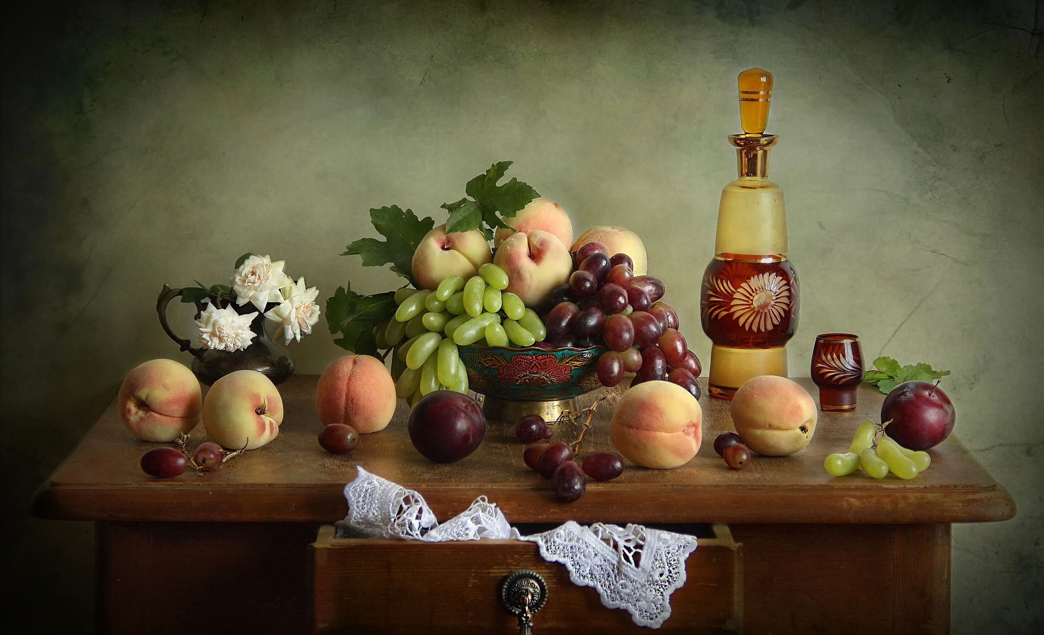 Still life with fruit and flowers HD Wallpaper
