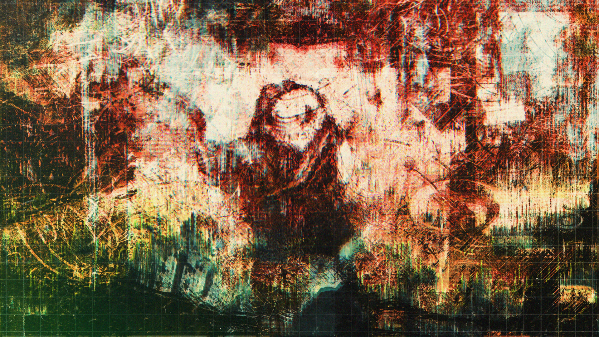 Abstract digital glitch art with red and green hues HD Wallpaper