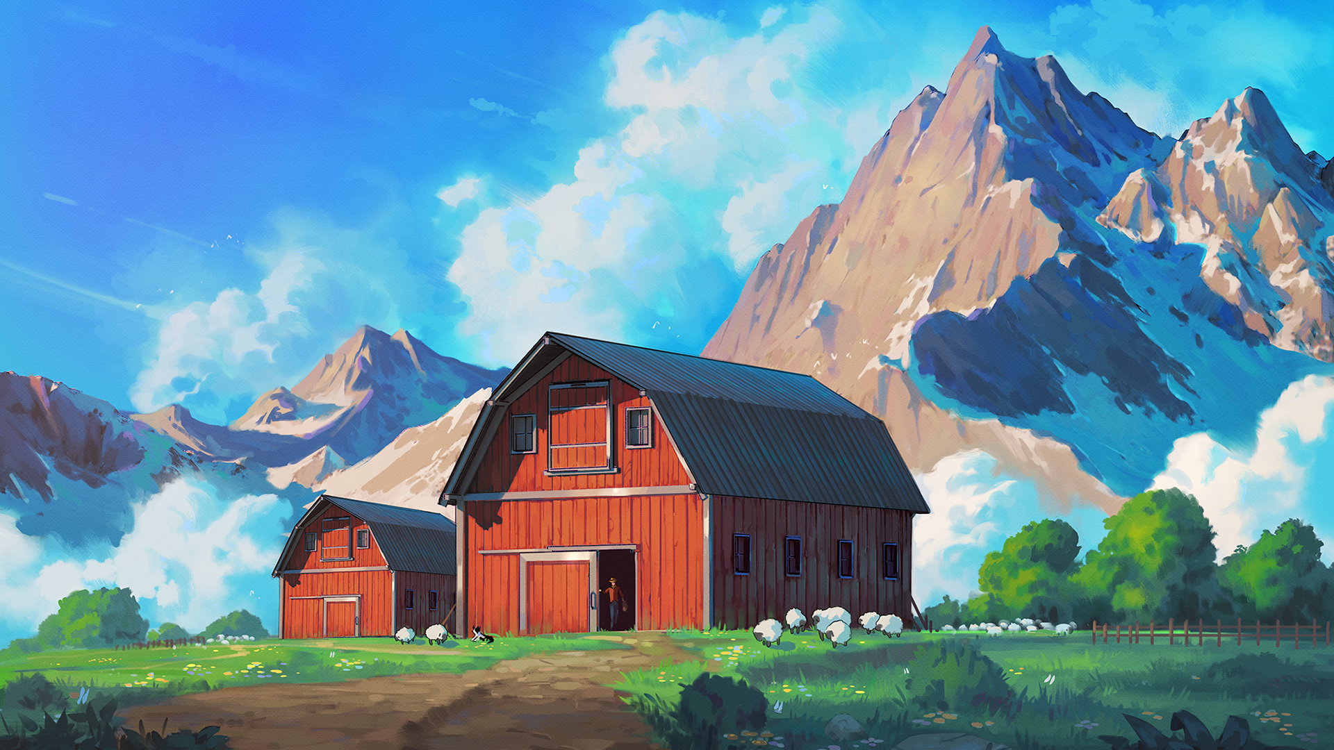 Red barn with sheep and mountains HD Wallpaper