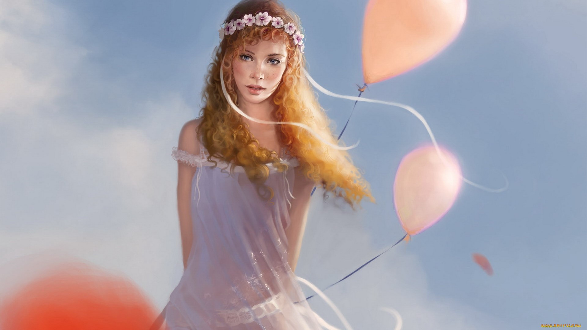 Artwork of a woman with balloons HD Wallpaper