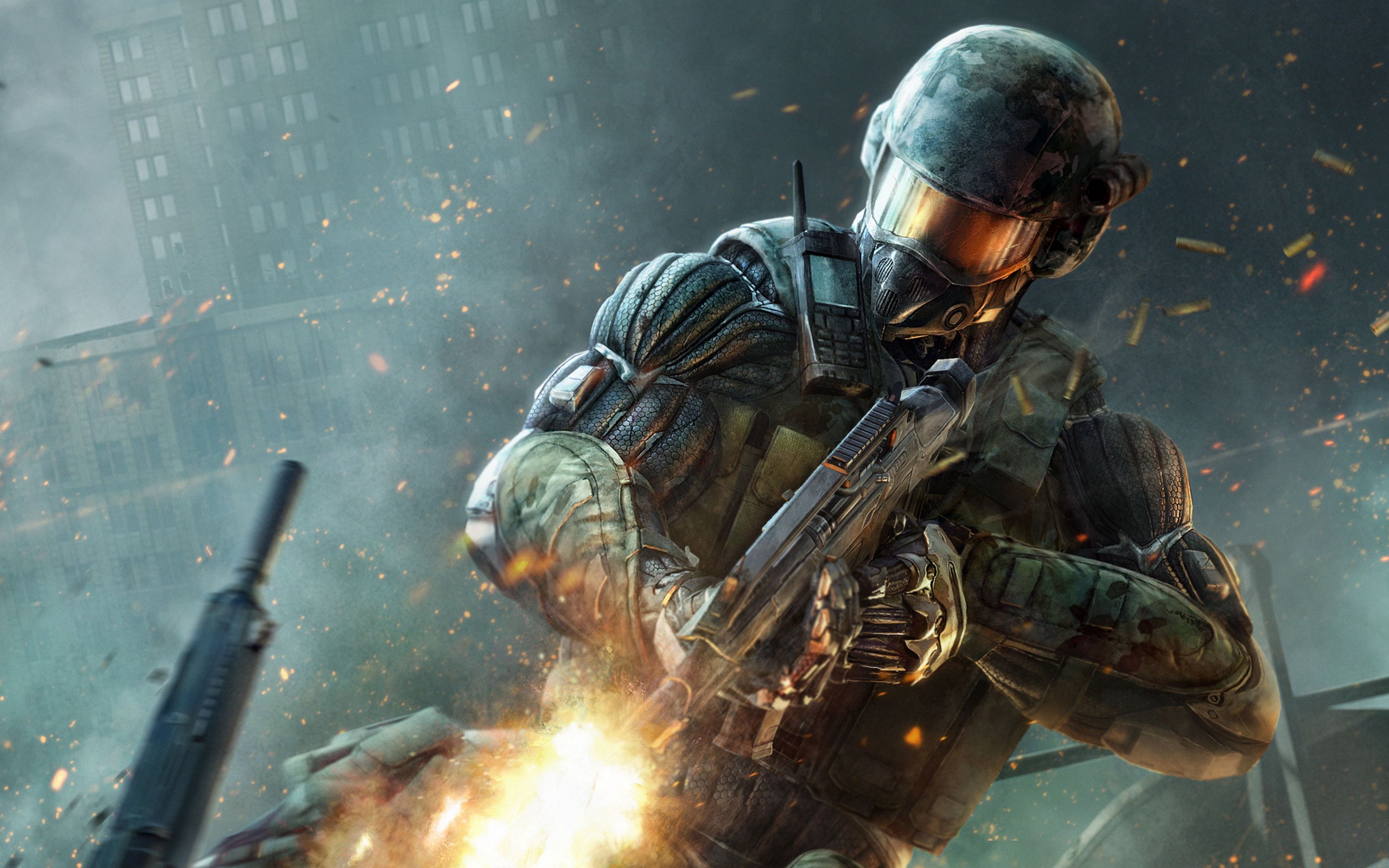 Soldier in Crysis 2 armor firing a weapon HD Wallpaper