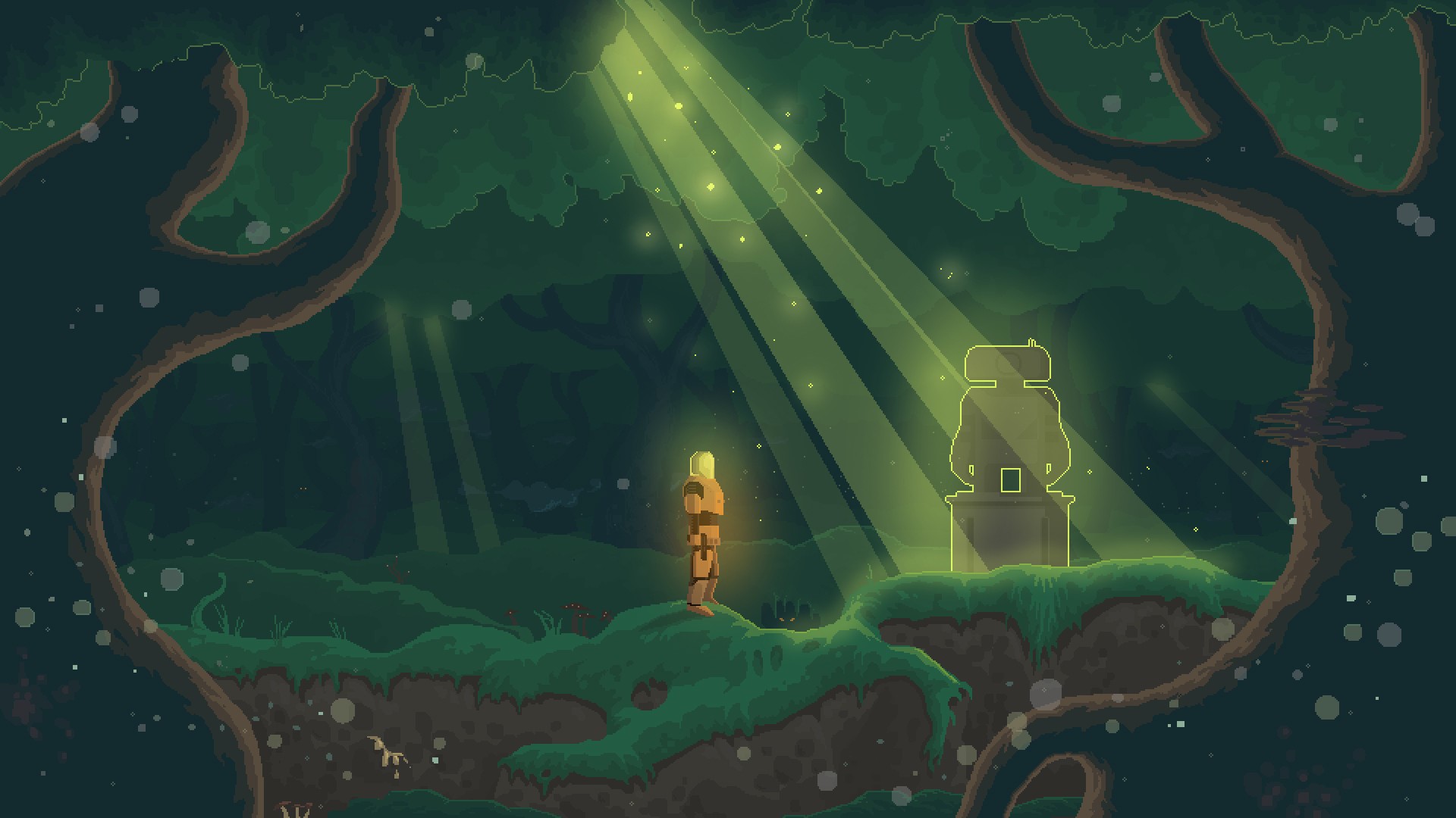 Pixel art of a character in a forest with light rays HD Wallpaper