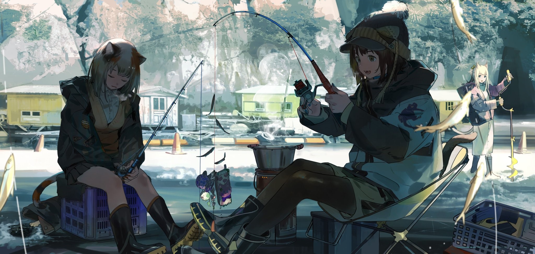 Anime characters fishing in a snowy landscape HD Wallpaper