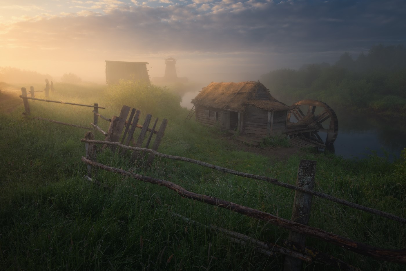 Misty landscape with old mill and tower by Ilya Melikhov HD Wallpaper
