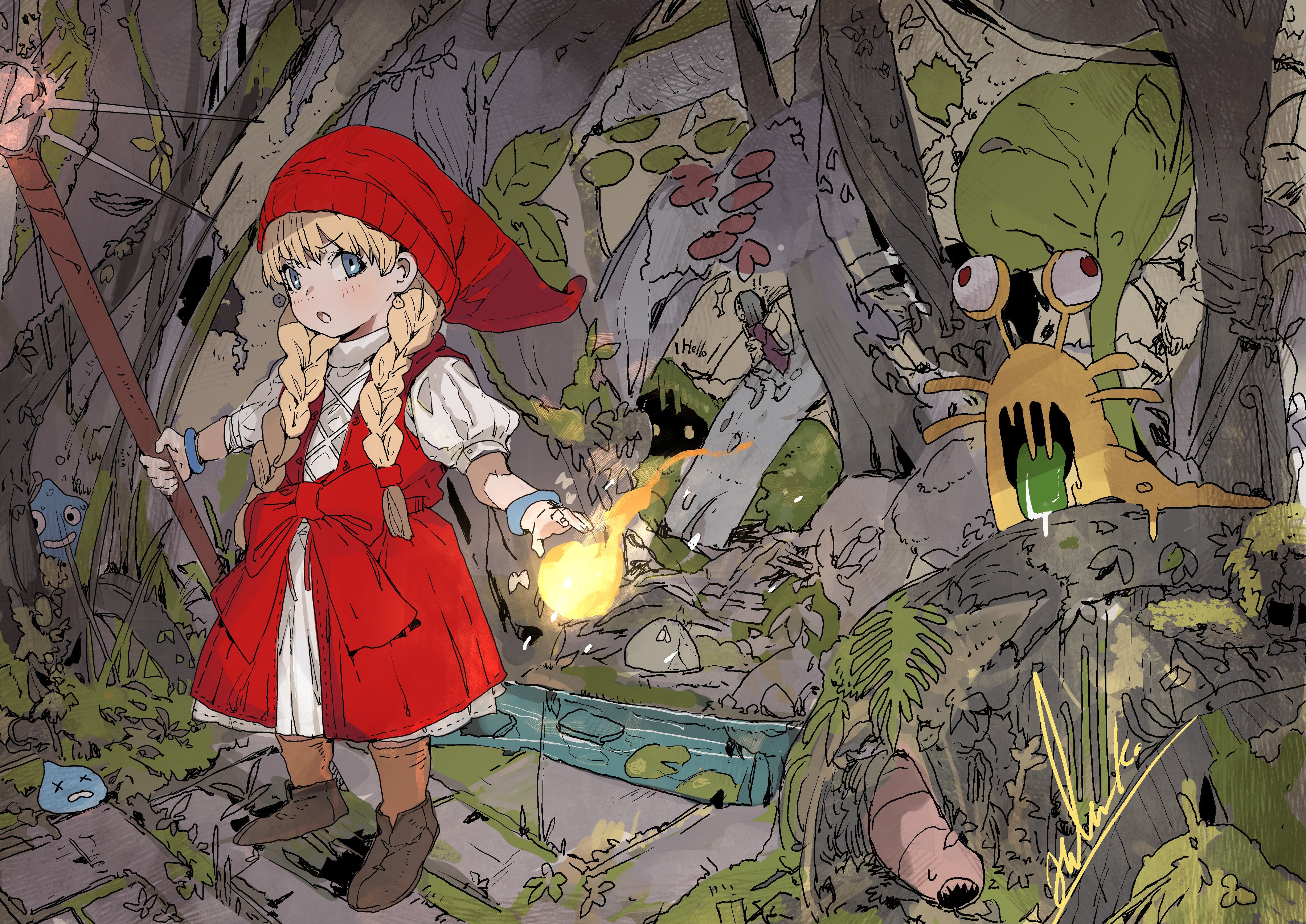 Fantasy girl with staff and magic in a forest with monsters HD Wallpaper