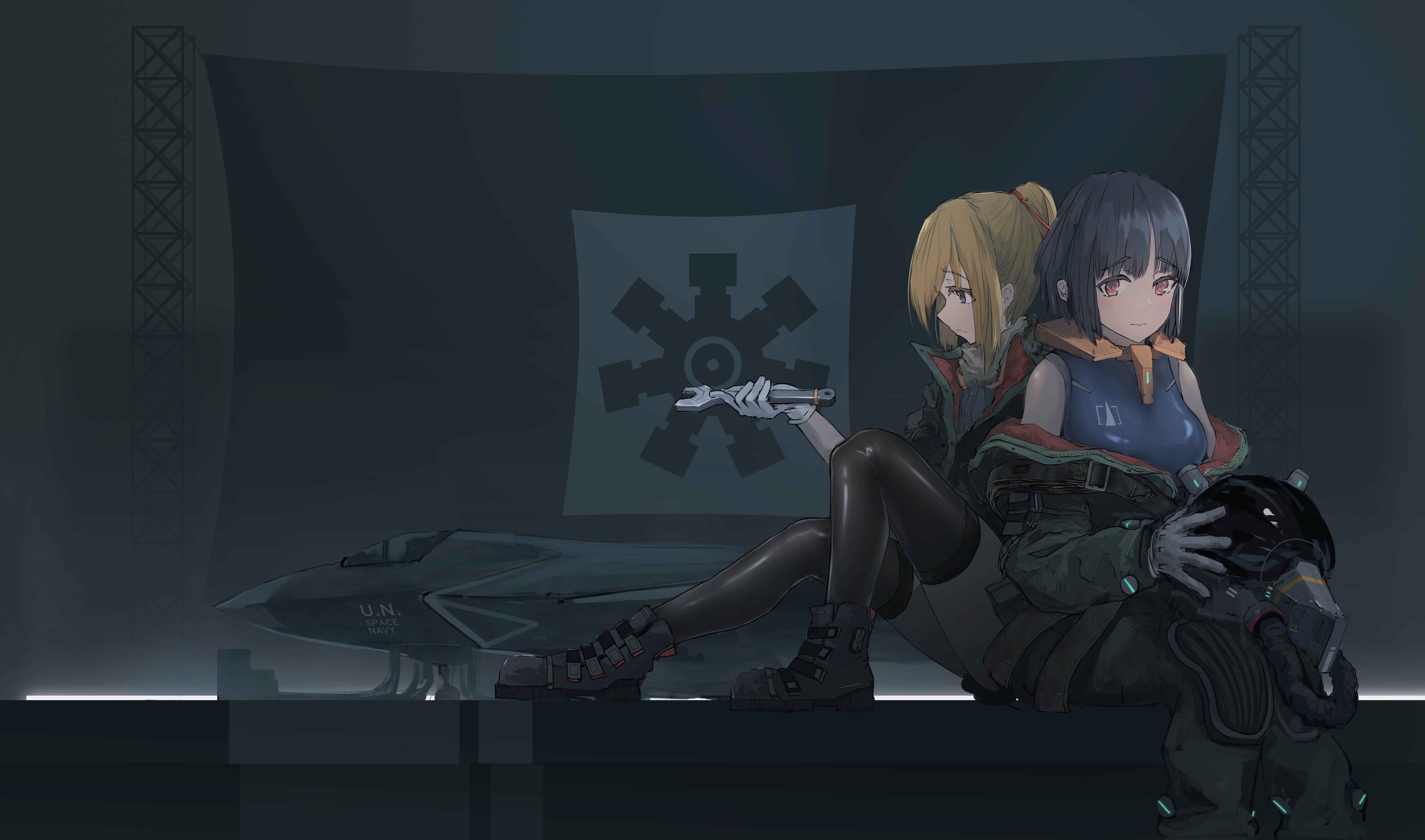 Anime girls with wrench and jet HD Wallpaper