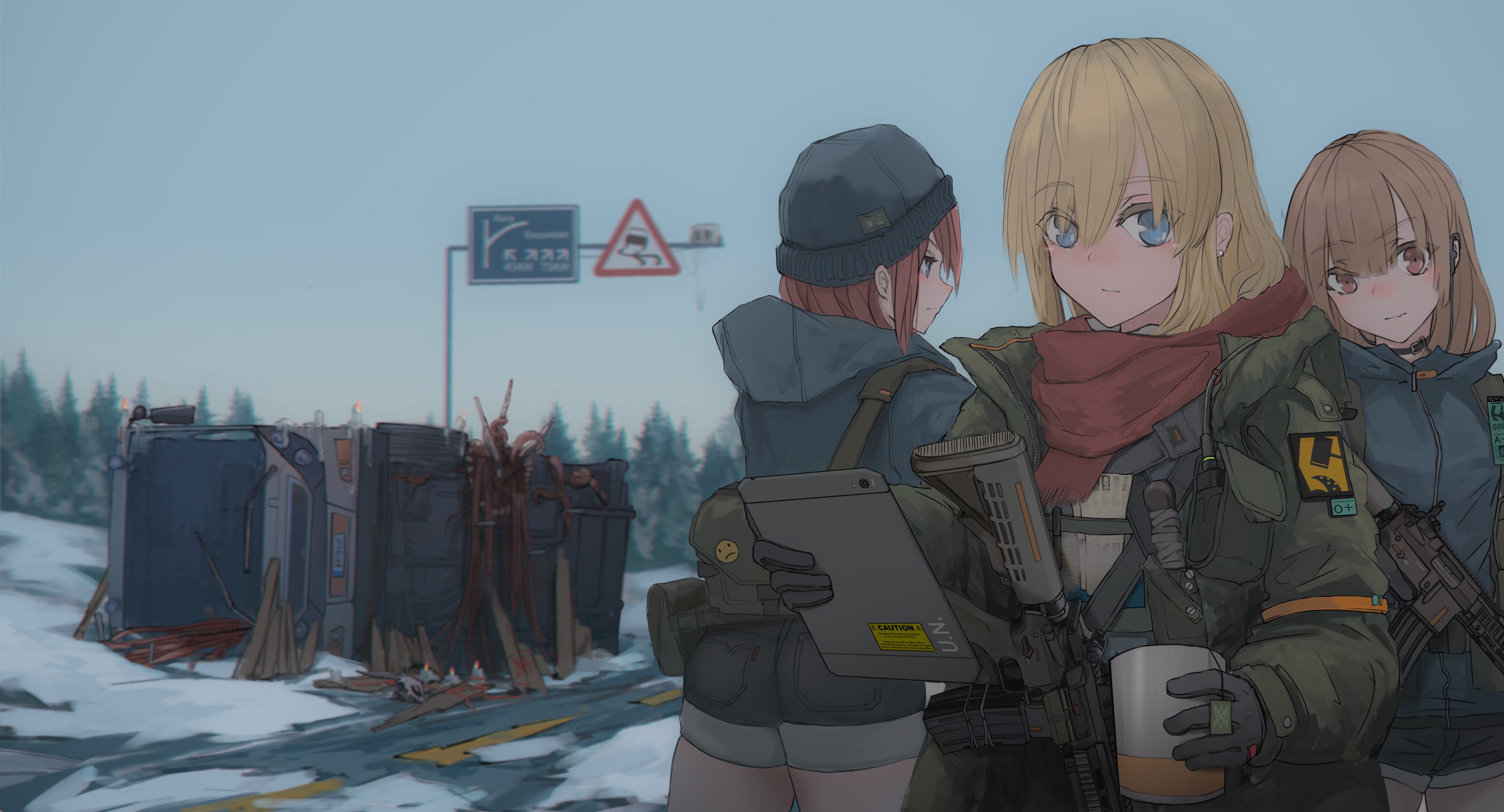 Anime girls with weapons in snowy landscape HD Wallpaper