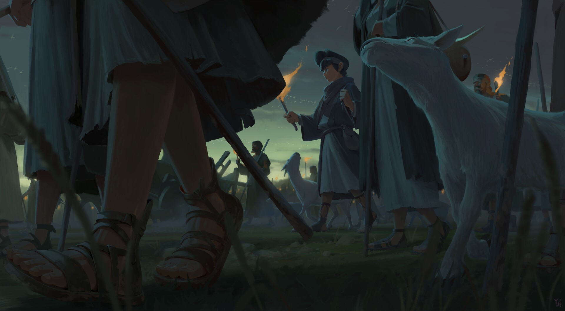 People with torches and goats walking at dusk HD Wallpaper