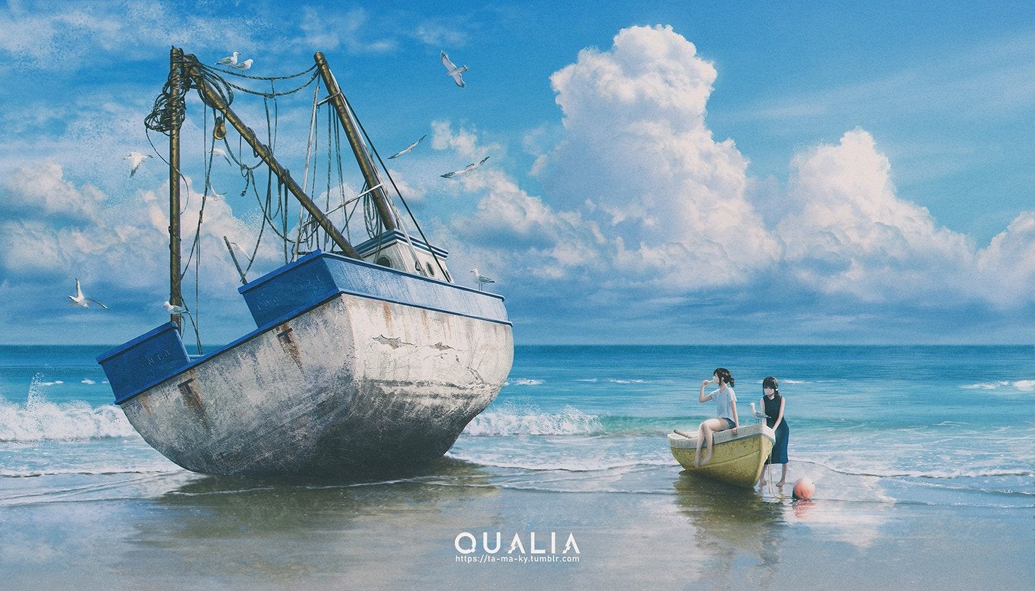 Shipwreck on a beach with anime girls and seagulls HD Wallpaper