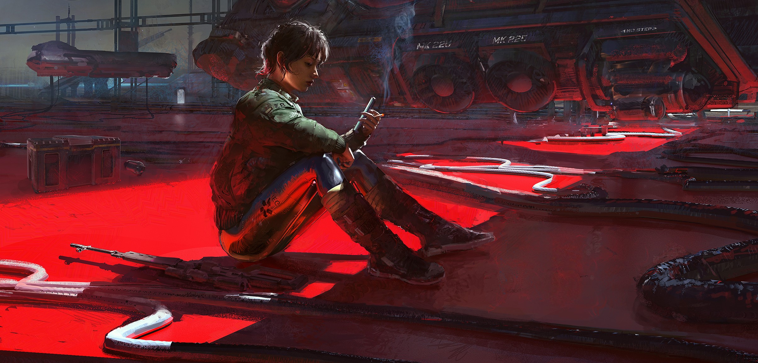 Woman sitting in a futuristic hangar with red liquid HD Wallpaper
