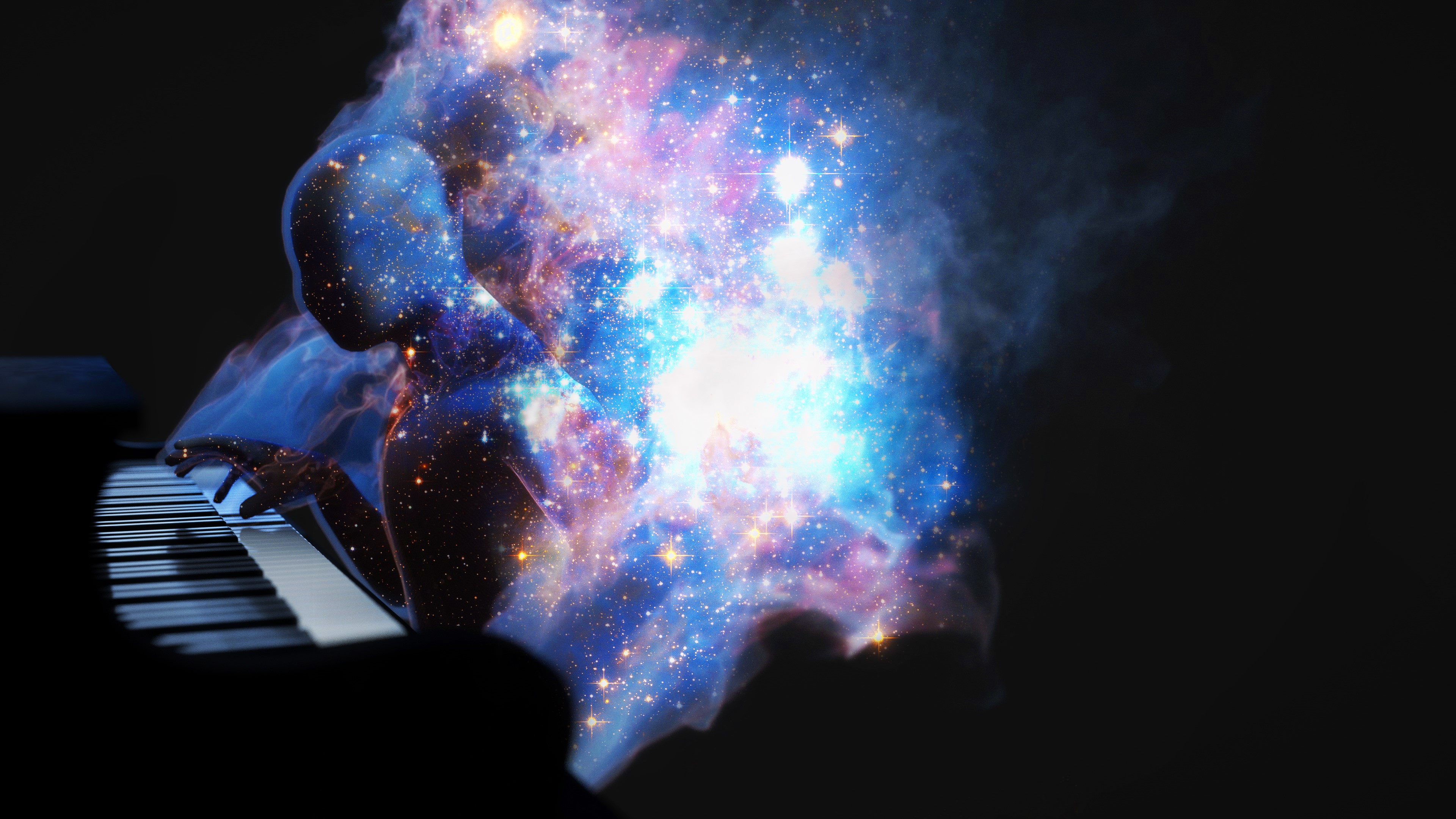 4K Digital Art of a Galaxy-Formed Figure Playing Piano HD Wallpaper