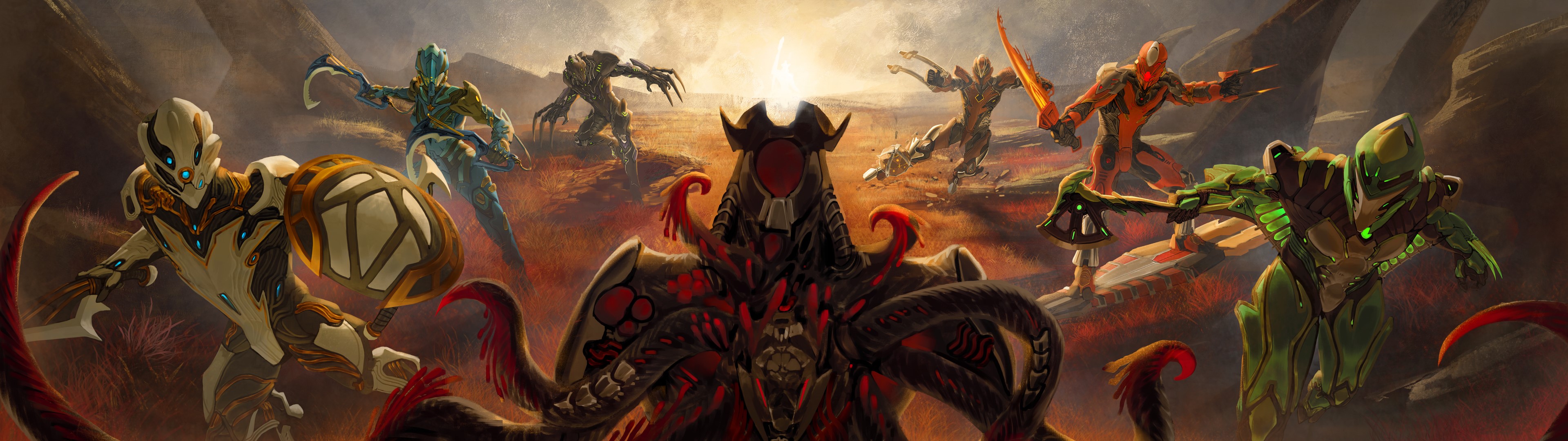 Bionicle Toa and Warframe characters in battle HD Wallpaper