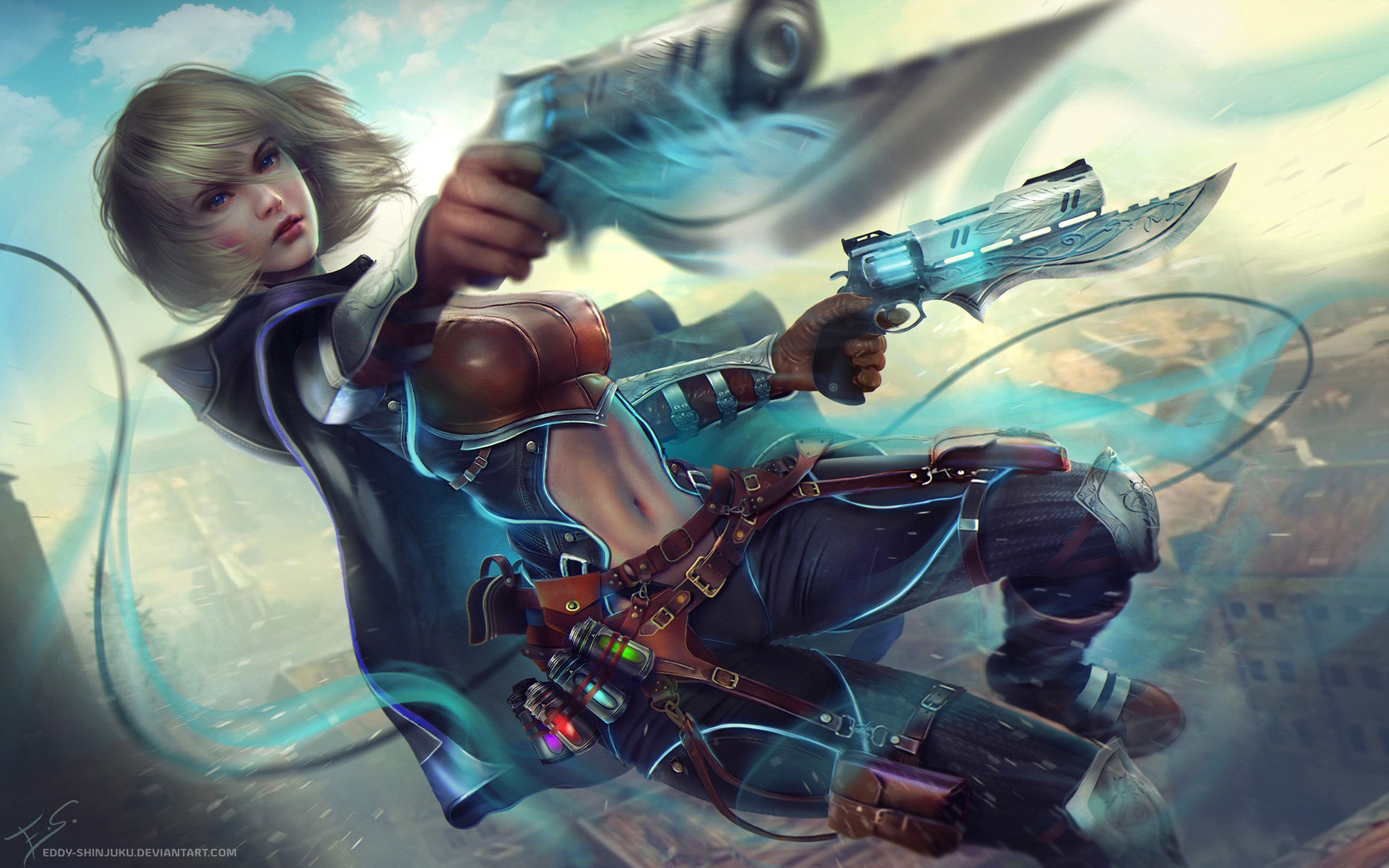 Woman with blonde short hair holding two futuristic guns HD Wallpaper