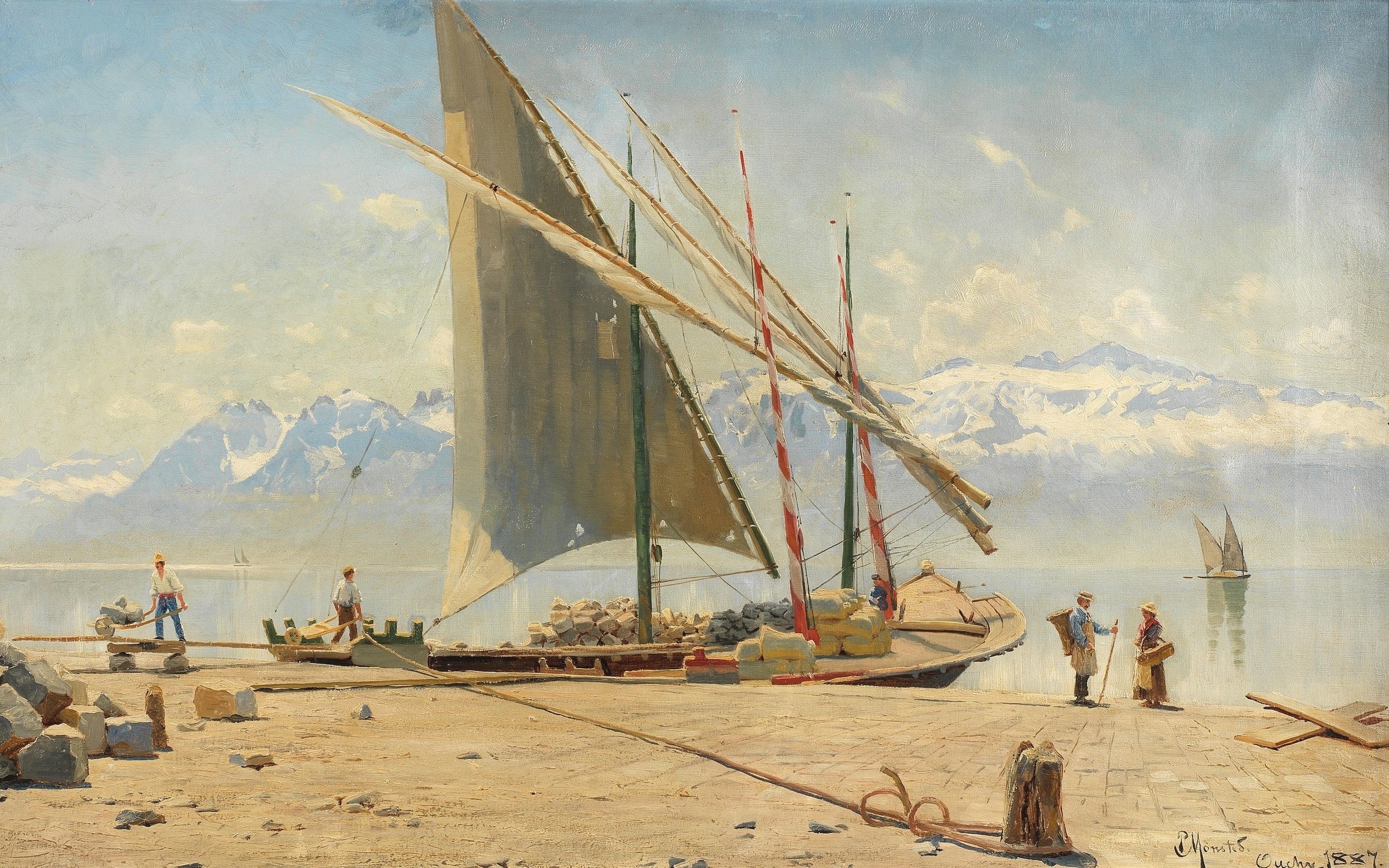 Peter Mörk Mönsted painting of a boat at a dock with mountains HD Wallpaper