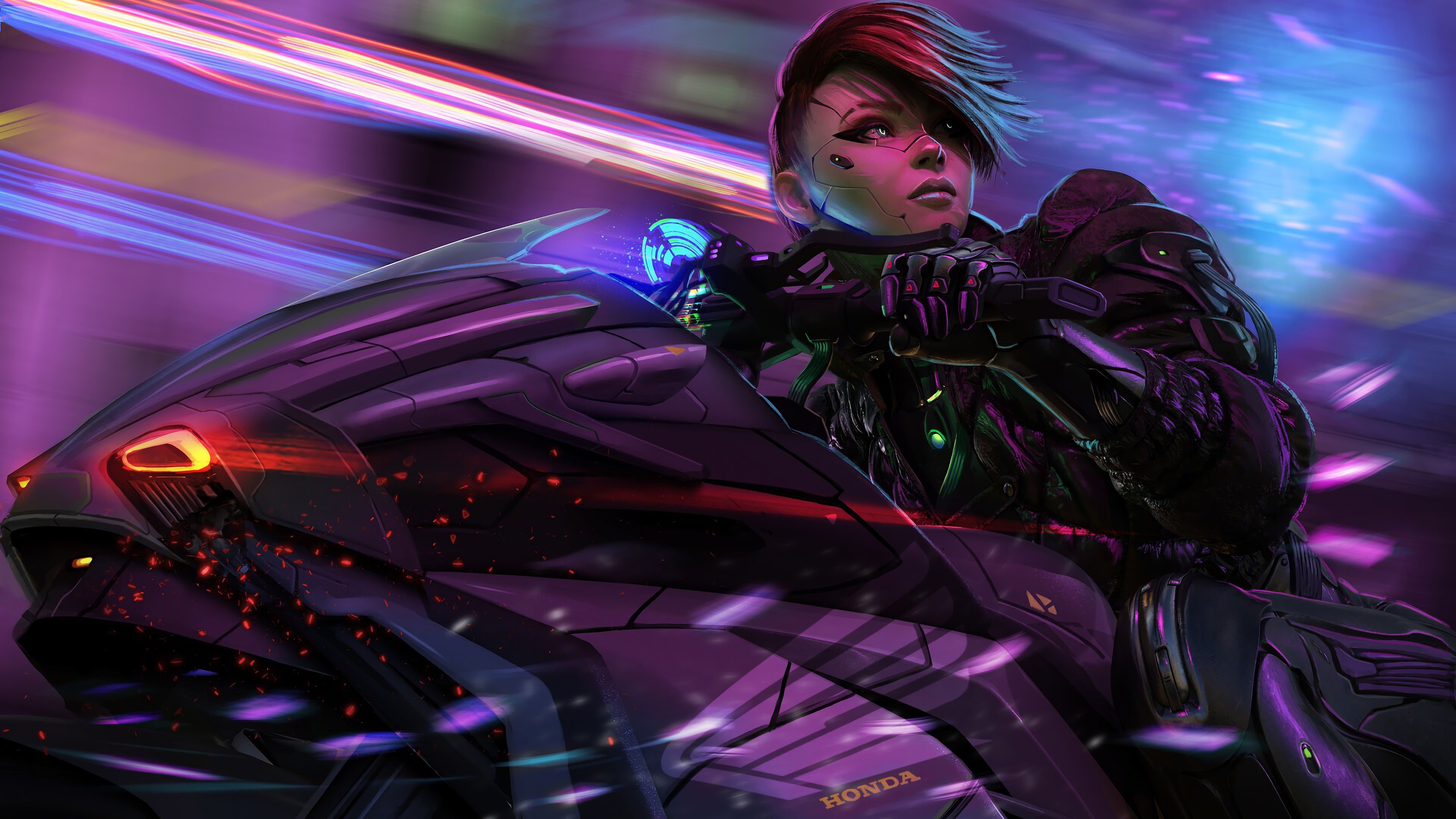 Cyberpunk cyborg woman riding a Honda motorcycle HD Wallpaper