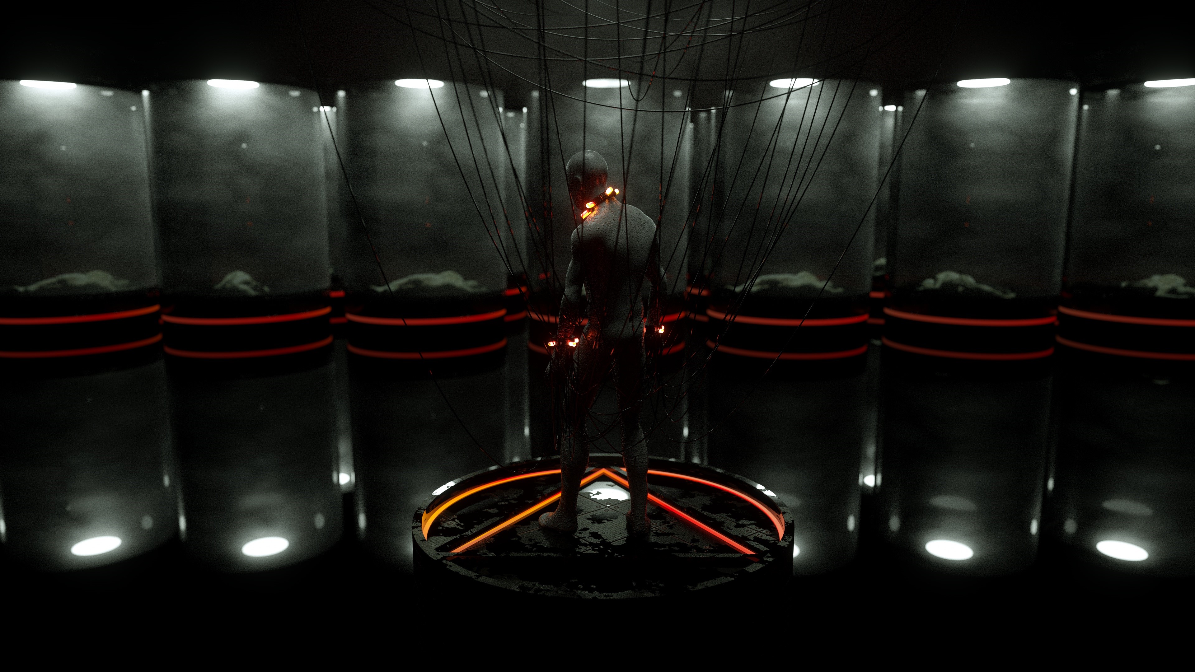 Man connected to wires in a futuristic lab HD Wallpaper