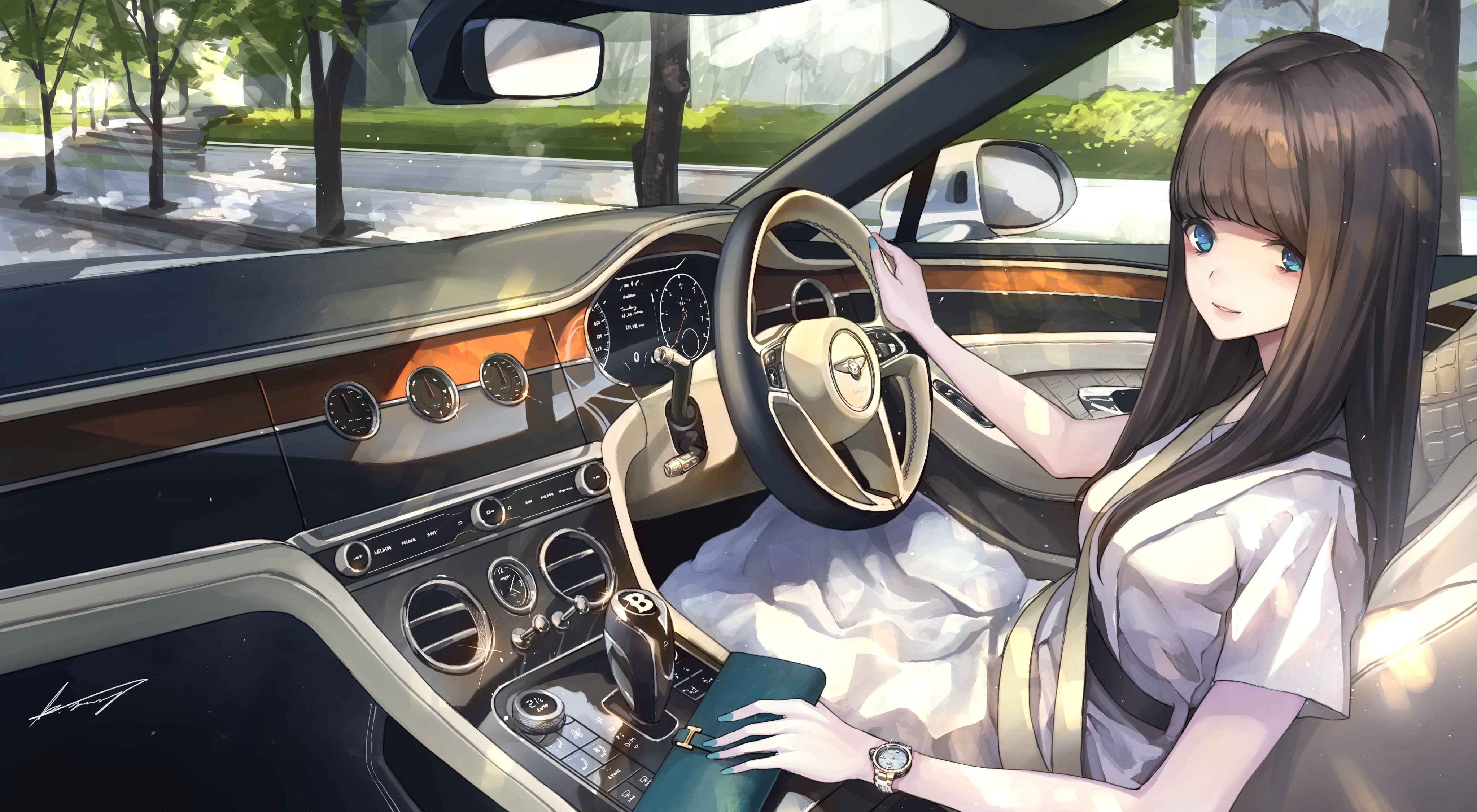 Anime girl with black hair driving a Bentley HD Wallpaper