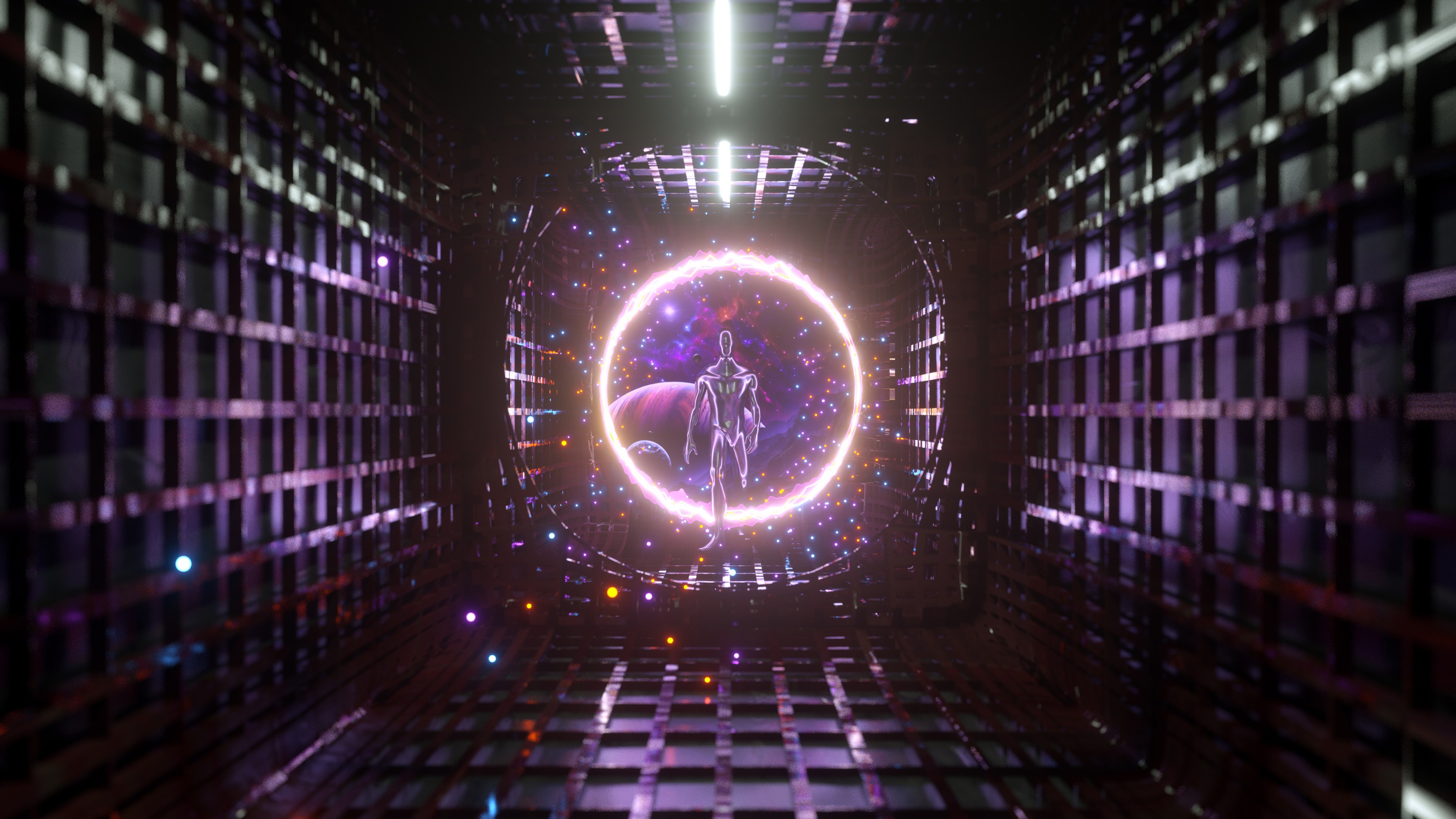 Robot entering a glowing portal in a futuristic tunnel HD Wallpaper