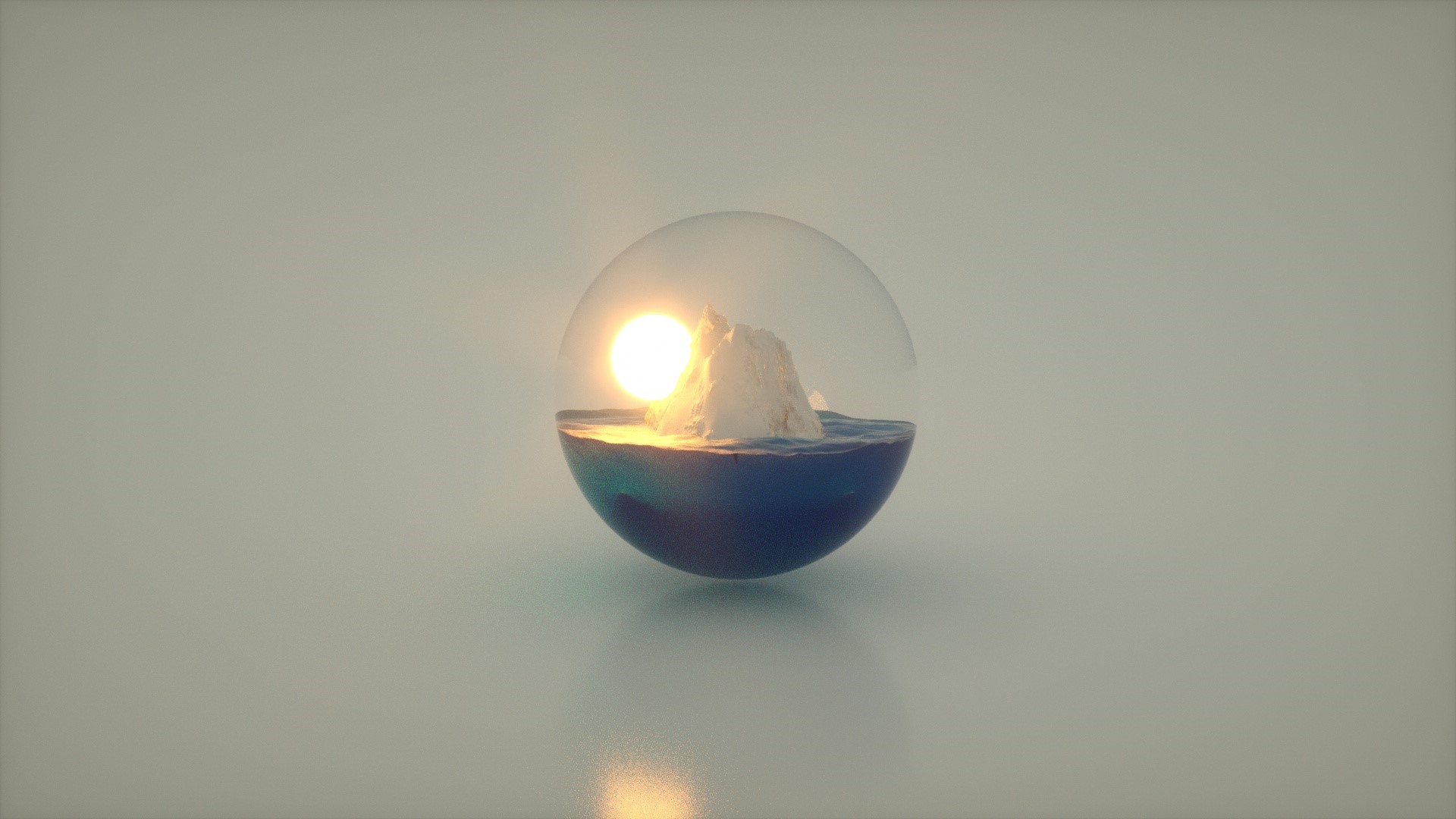 Iceberg in a glass sphere with sun and ocean HD Wallpaper