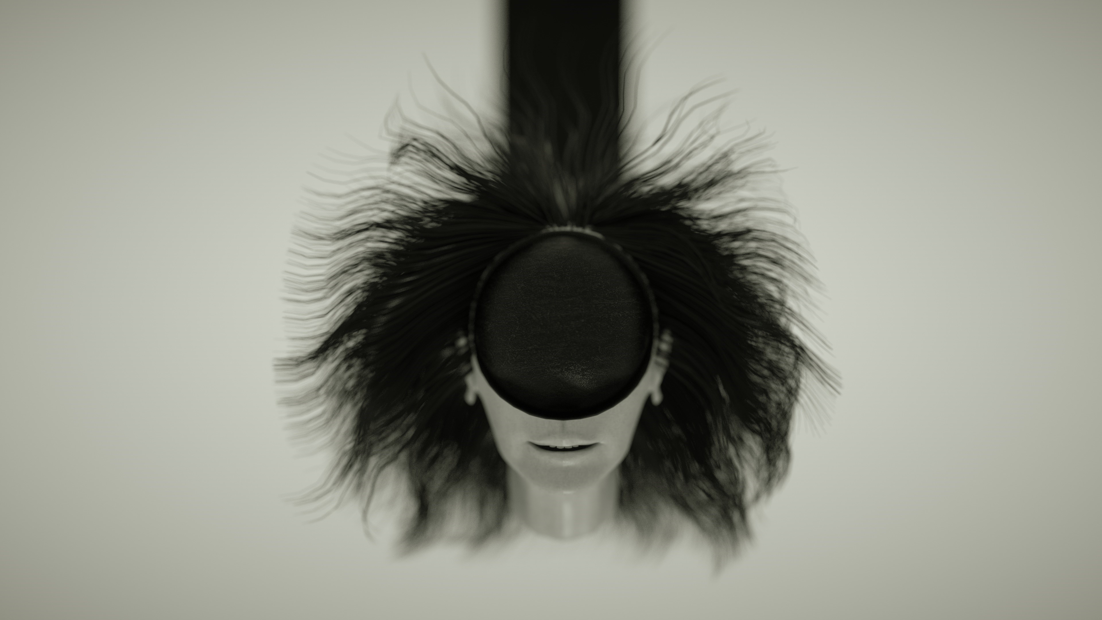 3D artwork of a mannequin head with black hair and a black circle over its eyes HD Wallpaper