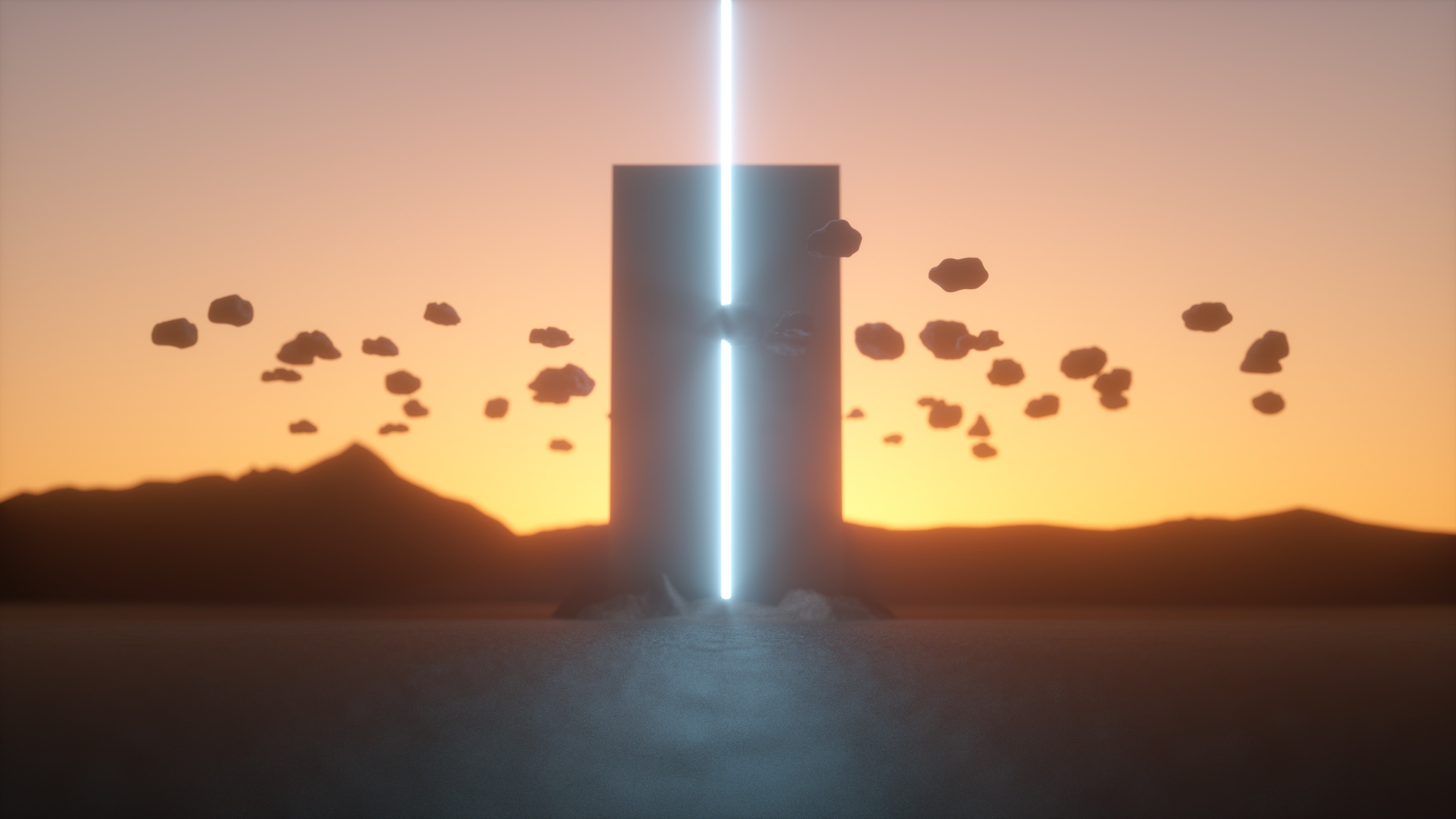 4K 3D illustration of a monolith with floating rocks HD Wallpaper