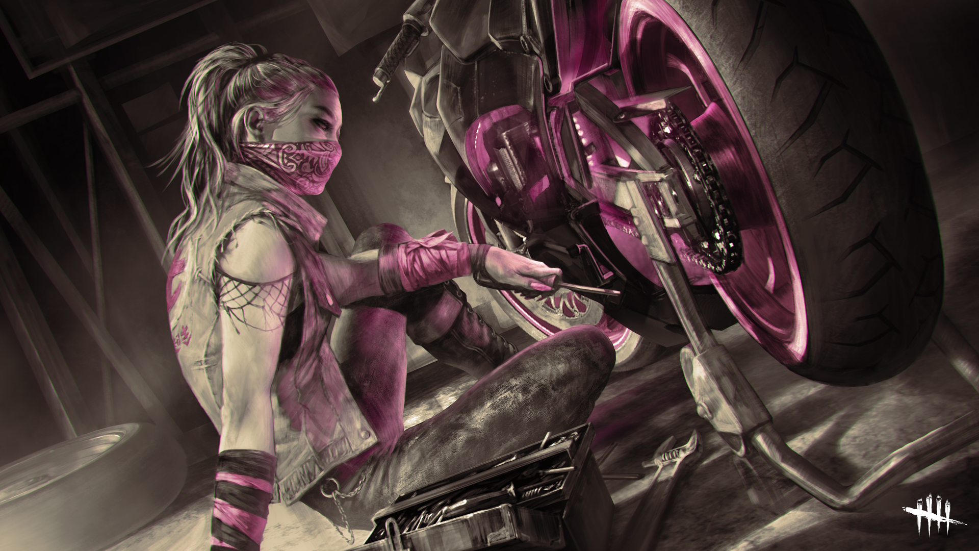 Yun-Jin Lee from Dead by Daylight working on a motorcycle HD Wallpaper