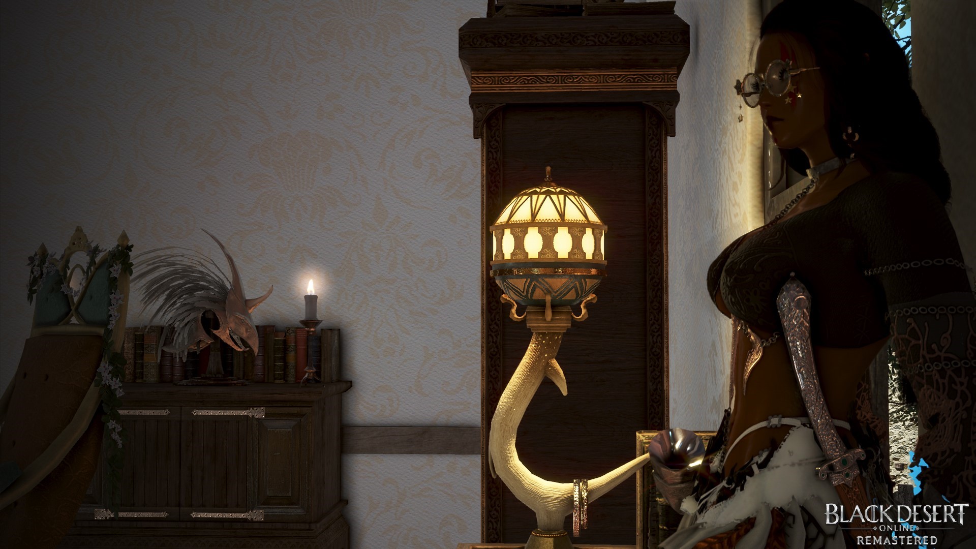 Woman with glasses and ornate lamp in Black Desert Online HD Wallpaper
