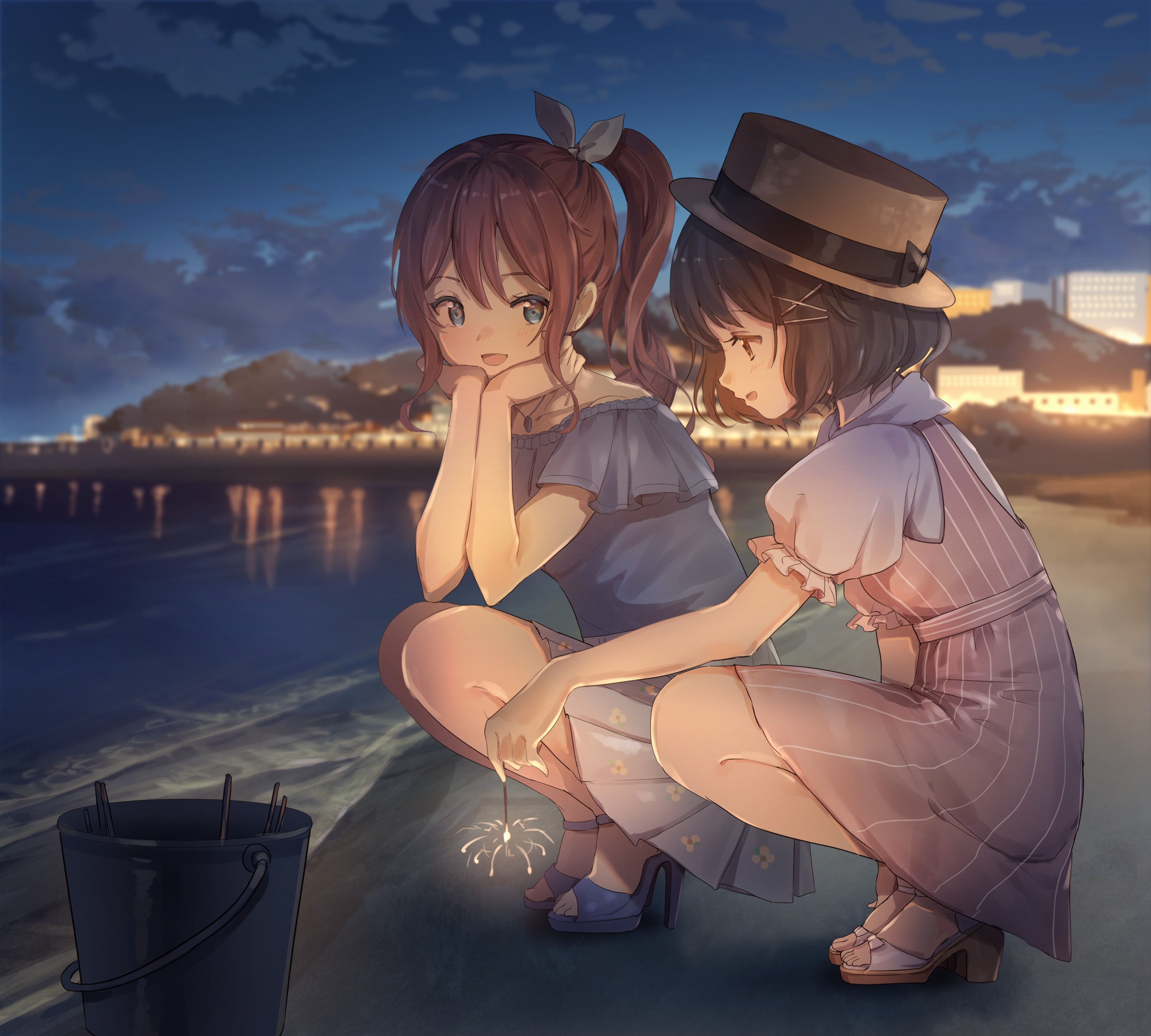 Two anime girls with sparklers on a beach at night HD Wallpaper