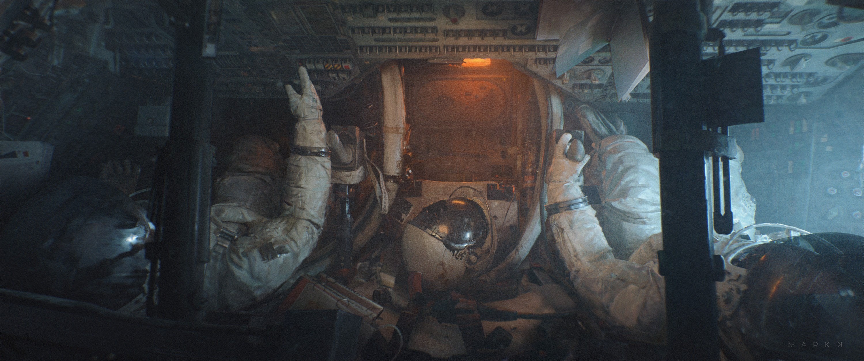 Astronauts in a cramped spacecraft interior HD Wallpaper