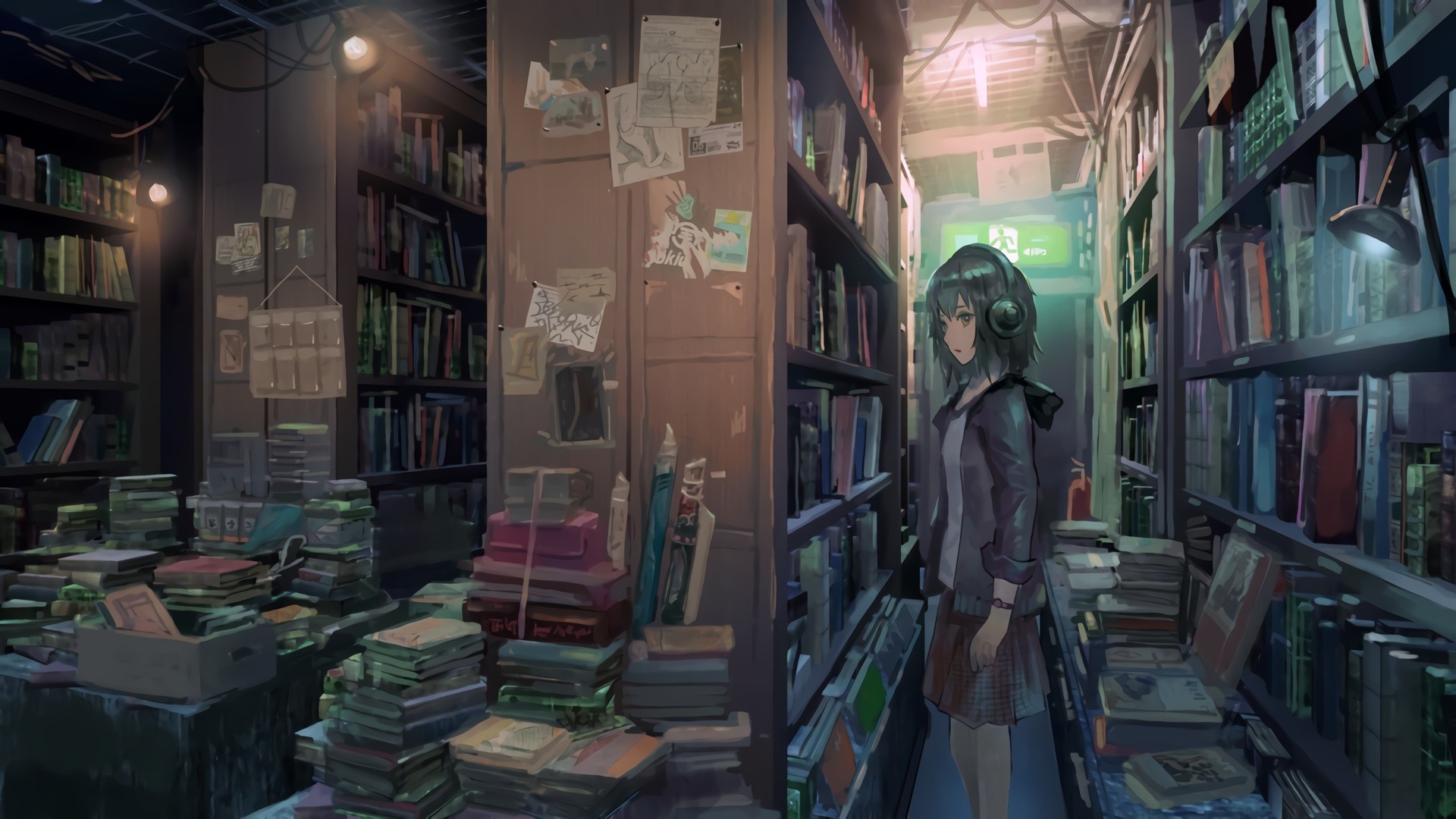 Anime girl with headphones in a library HD Wallpaper