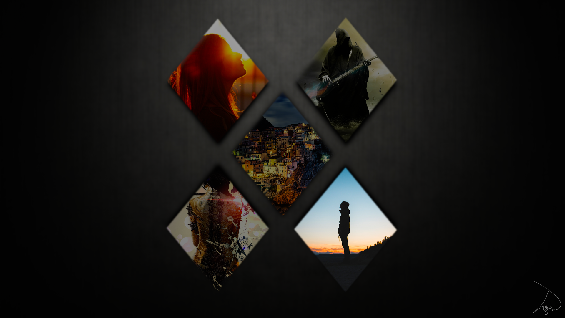 Collage of five diamond-shaped images HD Wallpaper