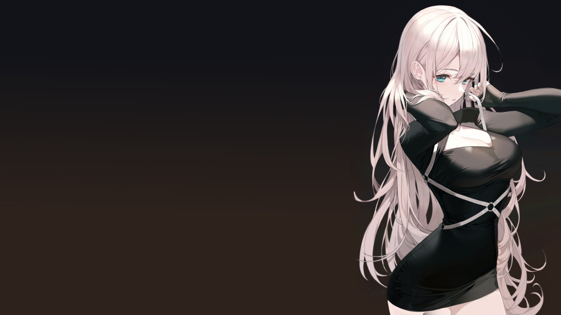 Anime girl with white hair in black dress HD Wallpaper