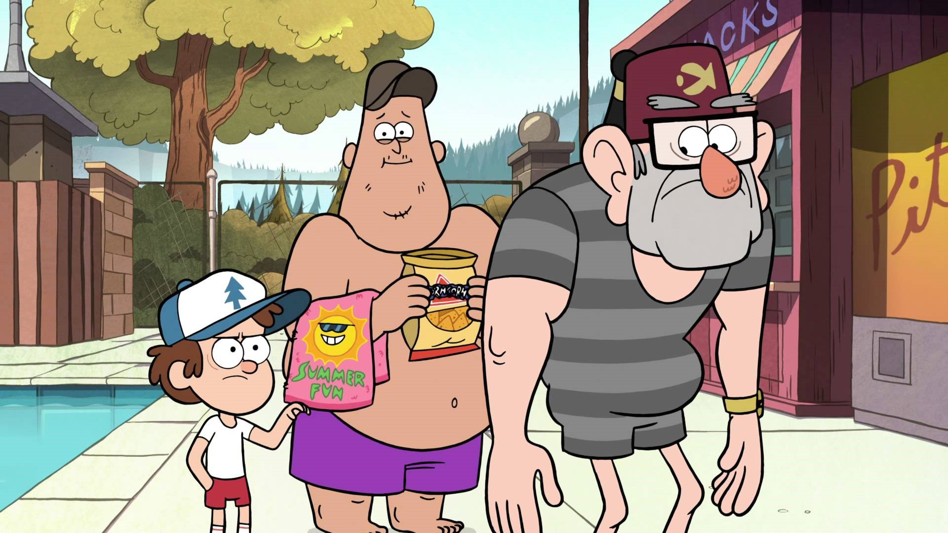 Dipper, Stan, and Soos from Gravity Falls at a pool HD Wallpaper