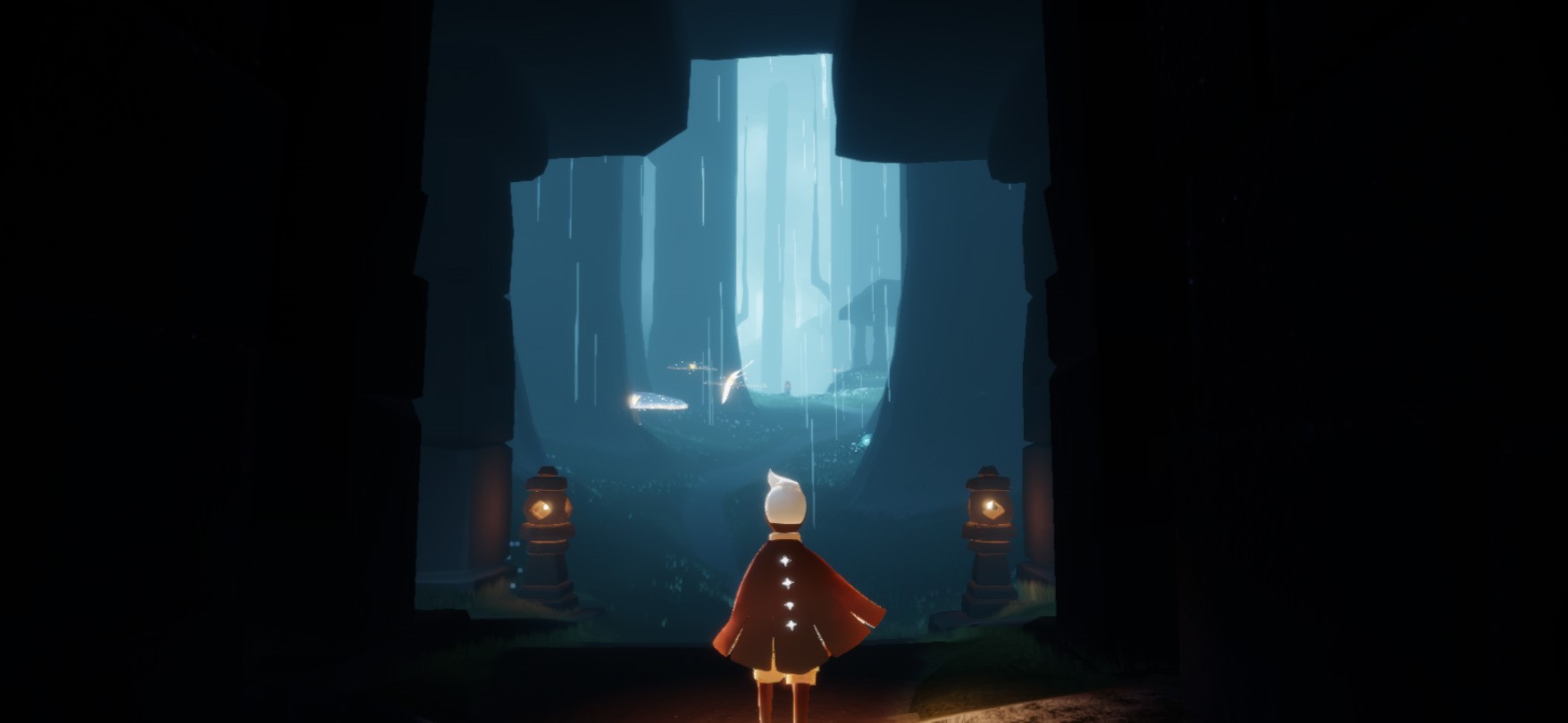 Character from Sky (game) in a cave entrance HD Wallpaper