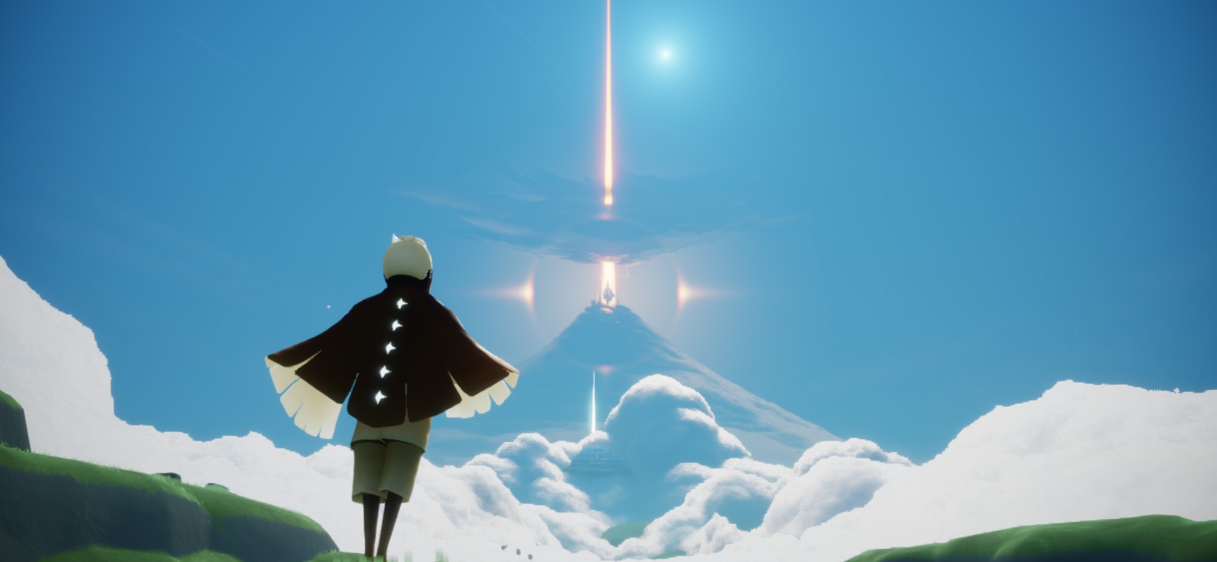 Sky (game) character looking at a mountain with a light beam HD Wallpaper