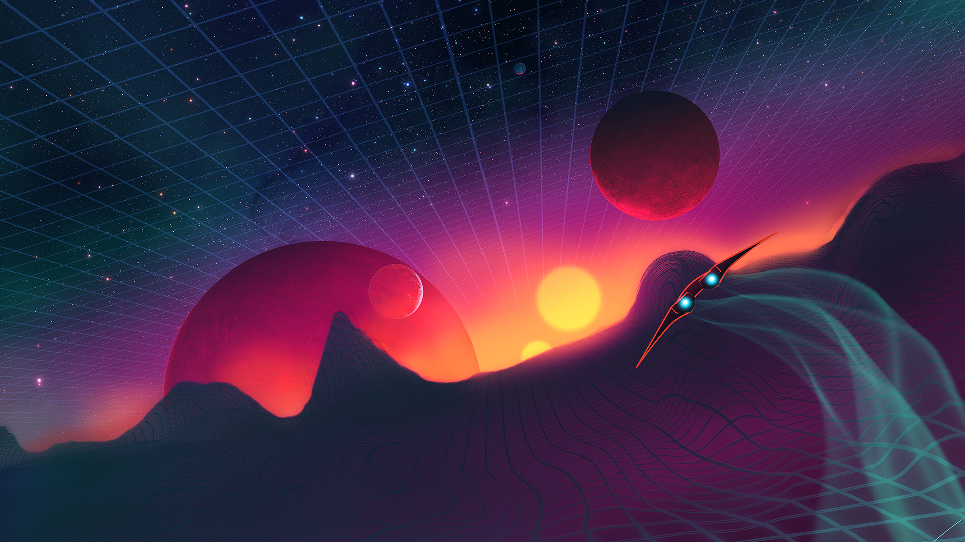 Retrowave spaceship flying through a digital landscape with planets and stars HD Wallpaper