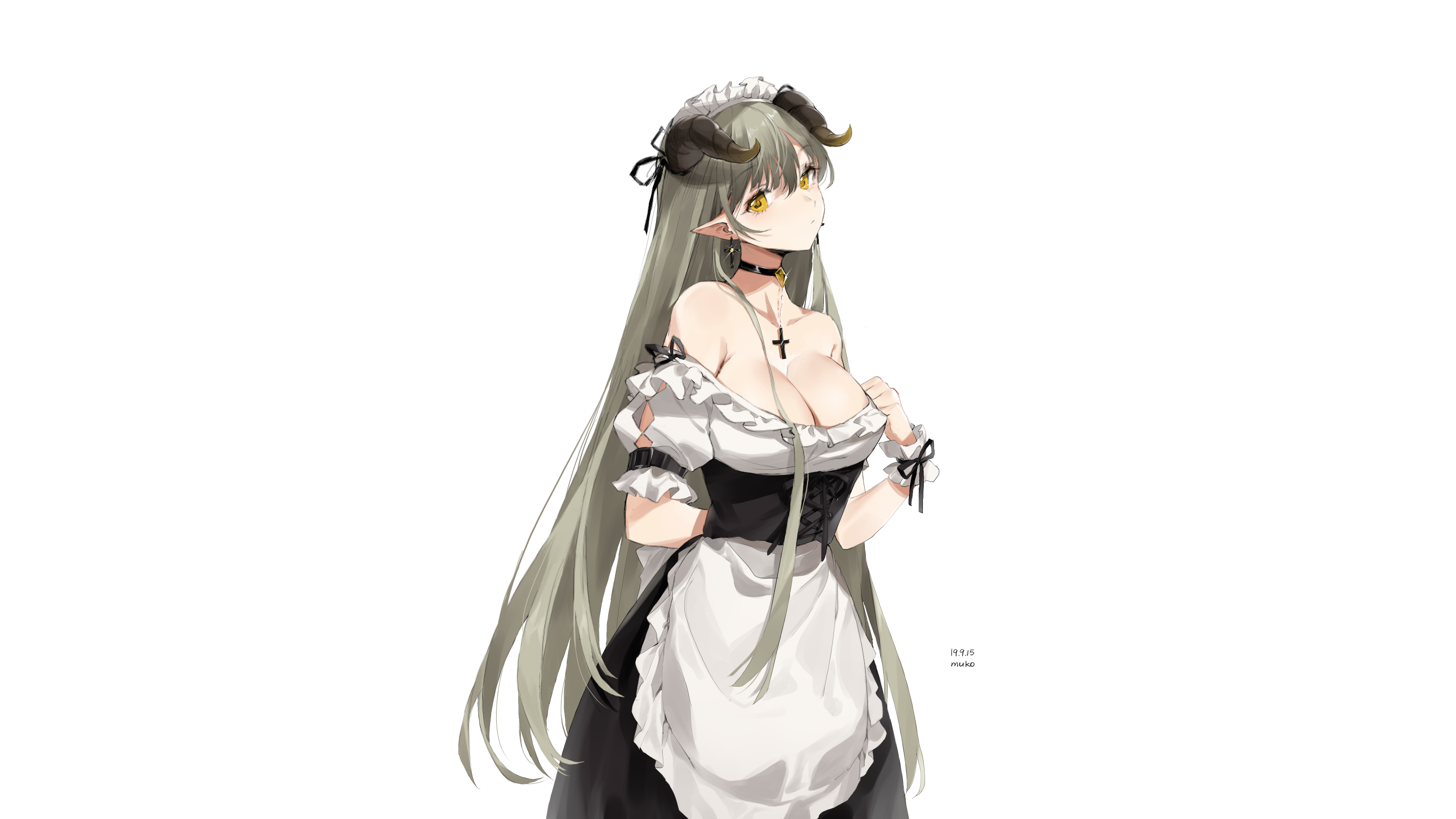 Anime girl with horns and maid outfit HD Wallpaper