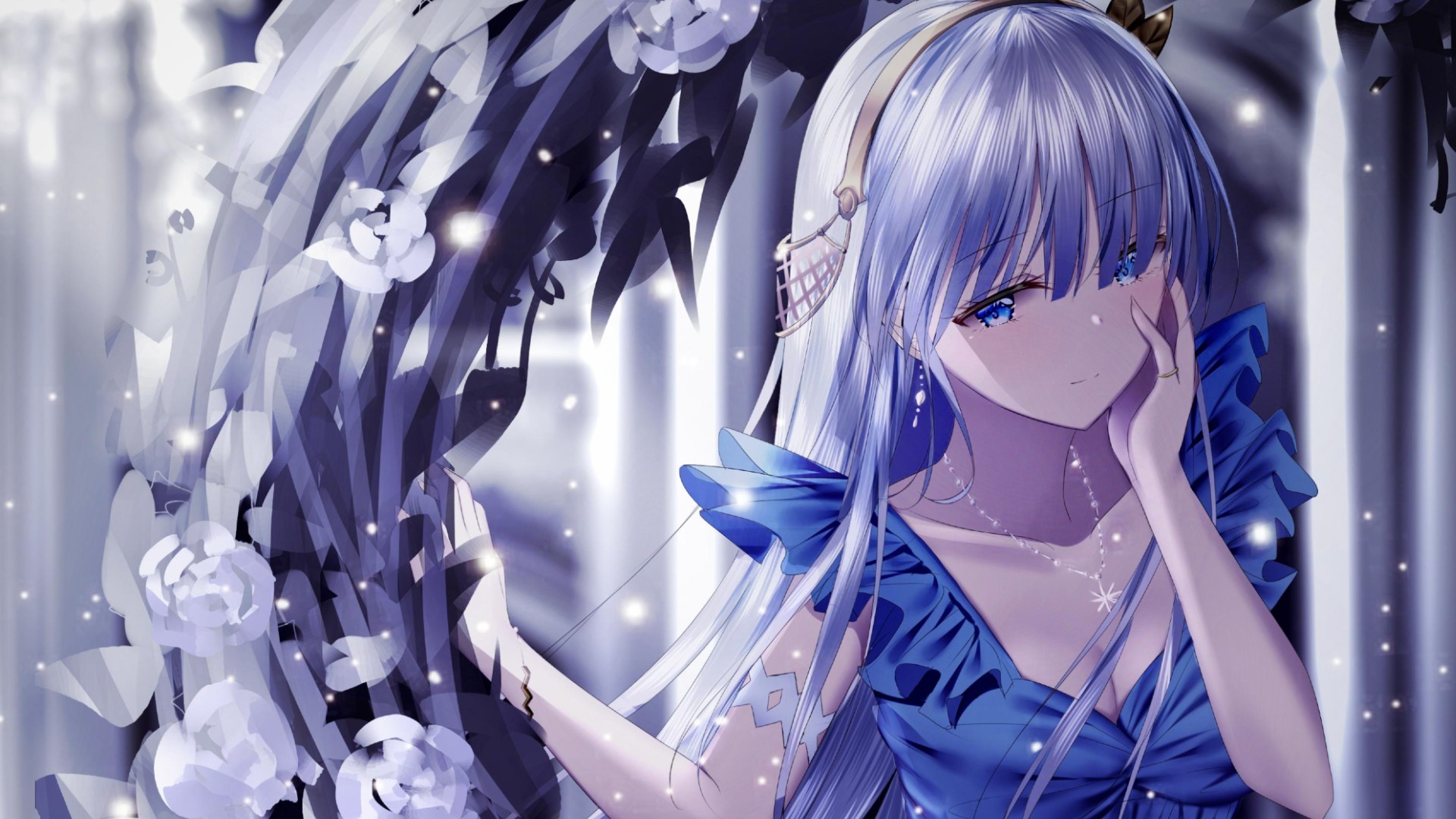 Anime girl with long white hair and blue eyes HD Wallpaper