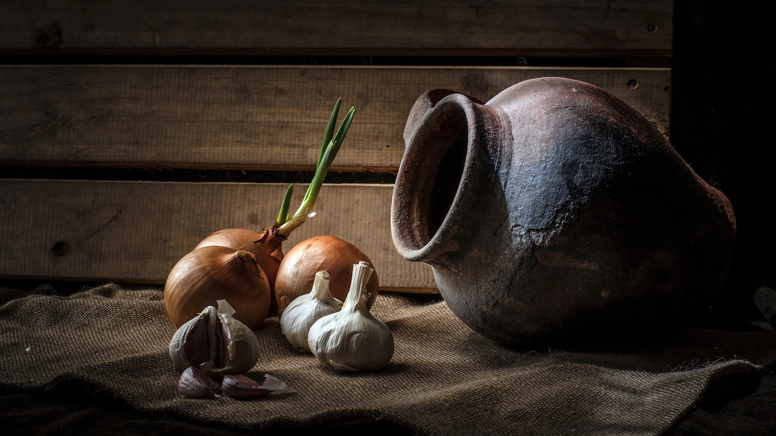 Still life with onions, garlic, and a clay pot HD Wallpaper
