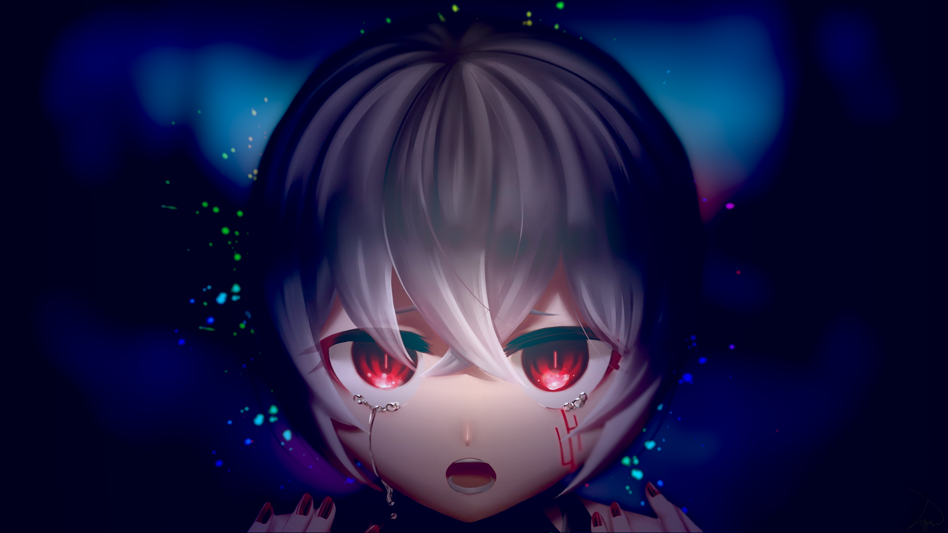 Anime girl with red eyes crying HD Wallpaper